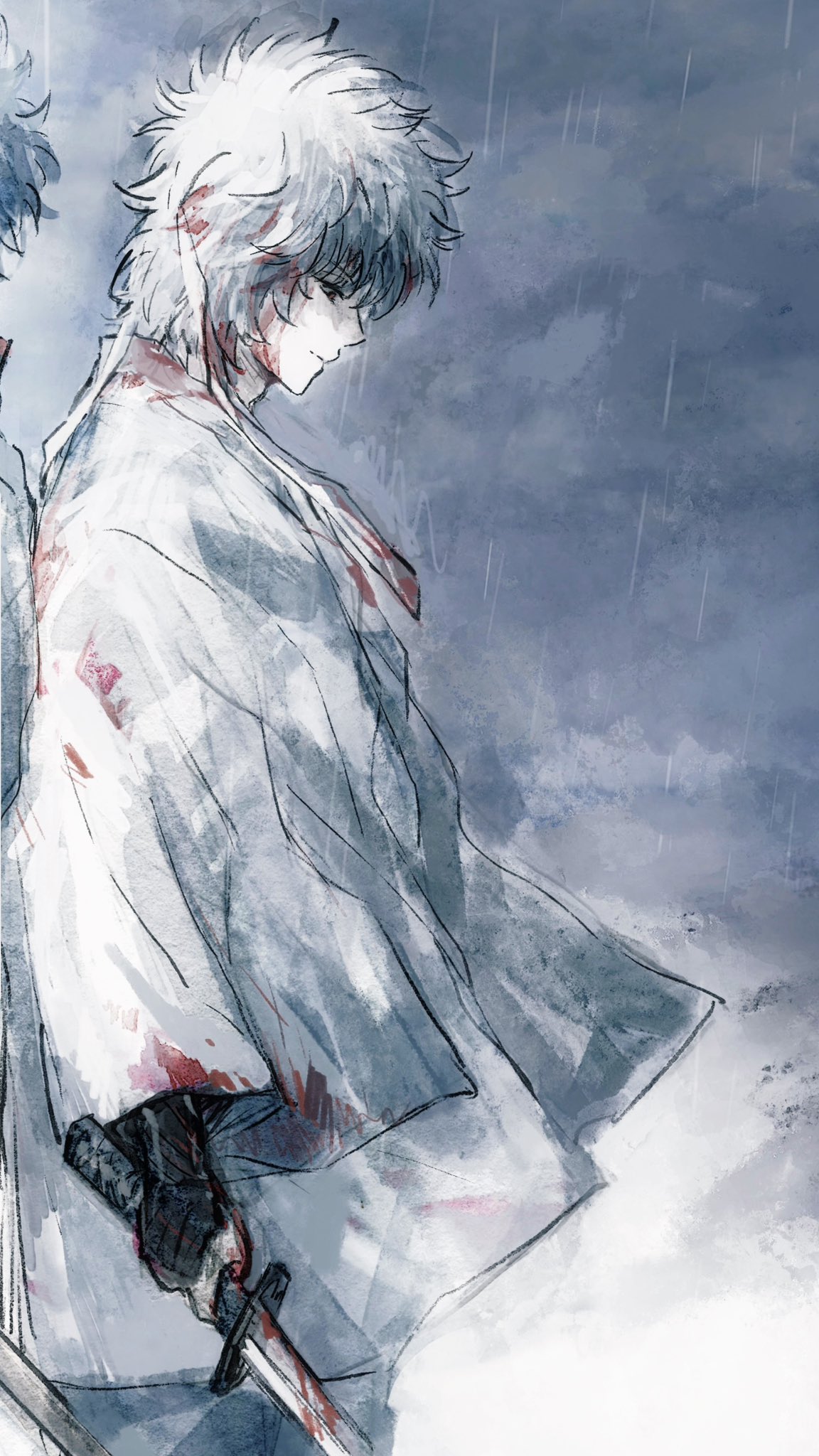 lushu kuye, sakata gintoki, gintama, commentary request, highres, 1boy, 1other, aged down, black gloves, blood, blood on clothes, blood on face, bloody weapon, closed mouth, cloud, cloudy sky, gloves, haori, holding, holding sword, holding weapon, japanese clothes, katana, kimono, long sleeves, male focus, official alternate costume, profile, rain, sky, solo, sword, weapon, white hair, white haori, white kimono