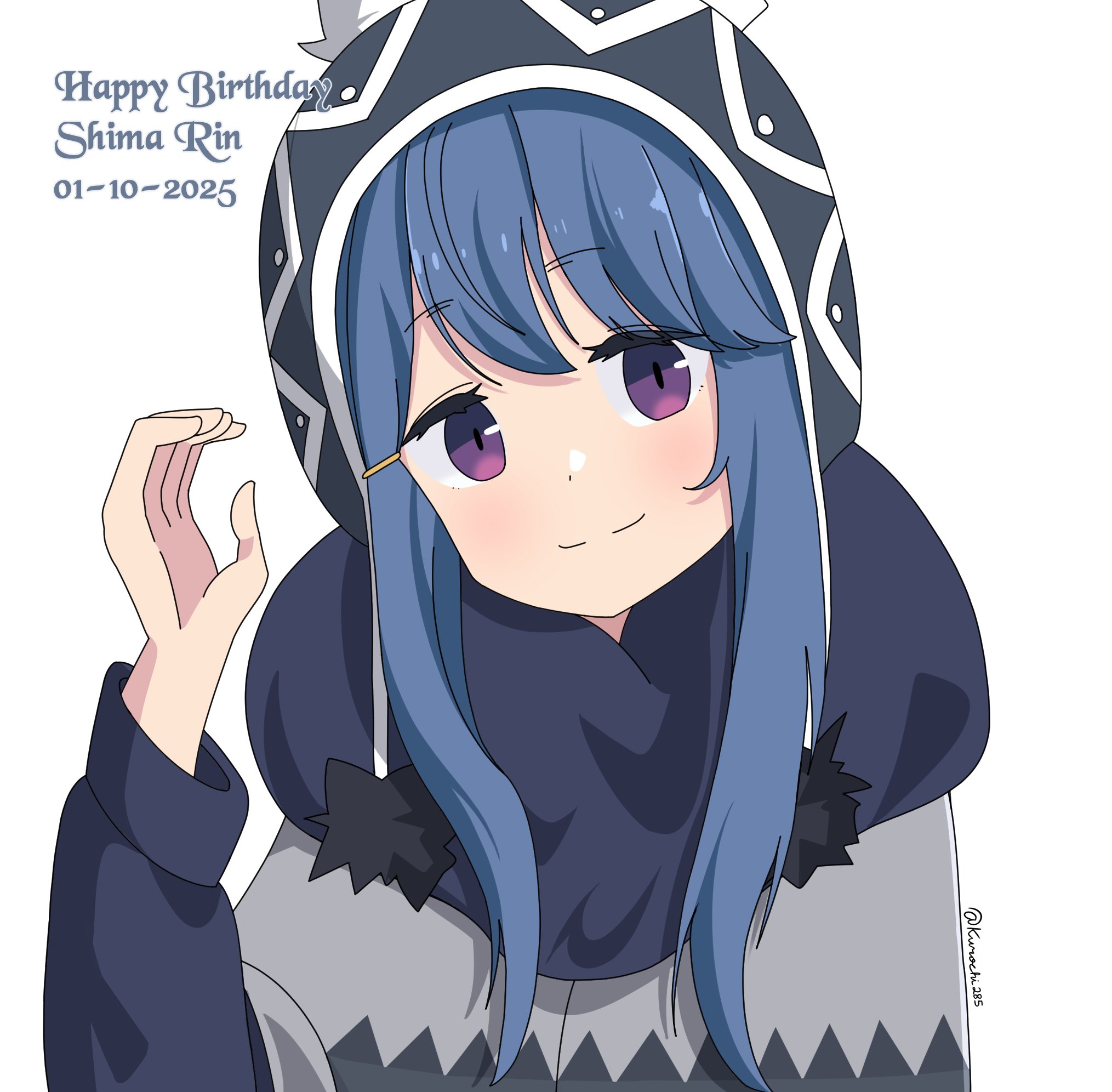kuronichi285, shima rin, yurucamp, 1girl, 2025, birthday, blue hair, character name, closed mouth, coat, dated, dot nose, english text, feet out of frame, female focus, hair ornament, hairclip, happy, happy birthday, hat, long hair, long sleeves, purple eyes, simple background, smile, solo, standing, twitter username, white background, winter clothes