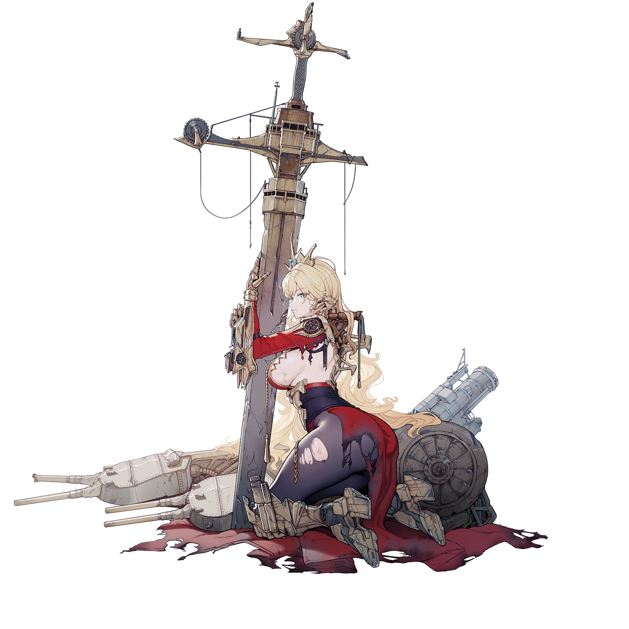 warship girls r, artist request, highres, official art, 1girl, aqua eyes, armored boots, armored gloves, backless dress, backless outfit, black pantyhose, blonde hair, boots, breasts, closed mouth, dress, frown, full body, gold tiara, iron duke (warship girls r), kneeling, large breasts, looking at viewer, pantyhose, red dress, rigging, ship turret, sideboob, solo, torn clothes, torn dress, torn pantyhose, transparent background