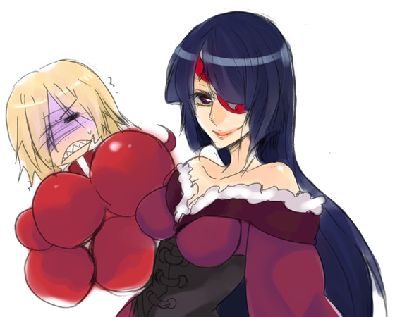 kotono, adiane, viral (ttgl), tengen toppa gurren lagann, bad id, bad pixiv id, 00s, 1boy, 1girl, blue hair, eyepatch, femdom, holding, holding with tail, prehensile tail, red eyes, scorpion tail, strangling, tail