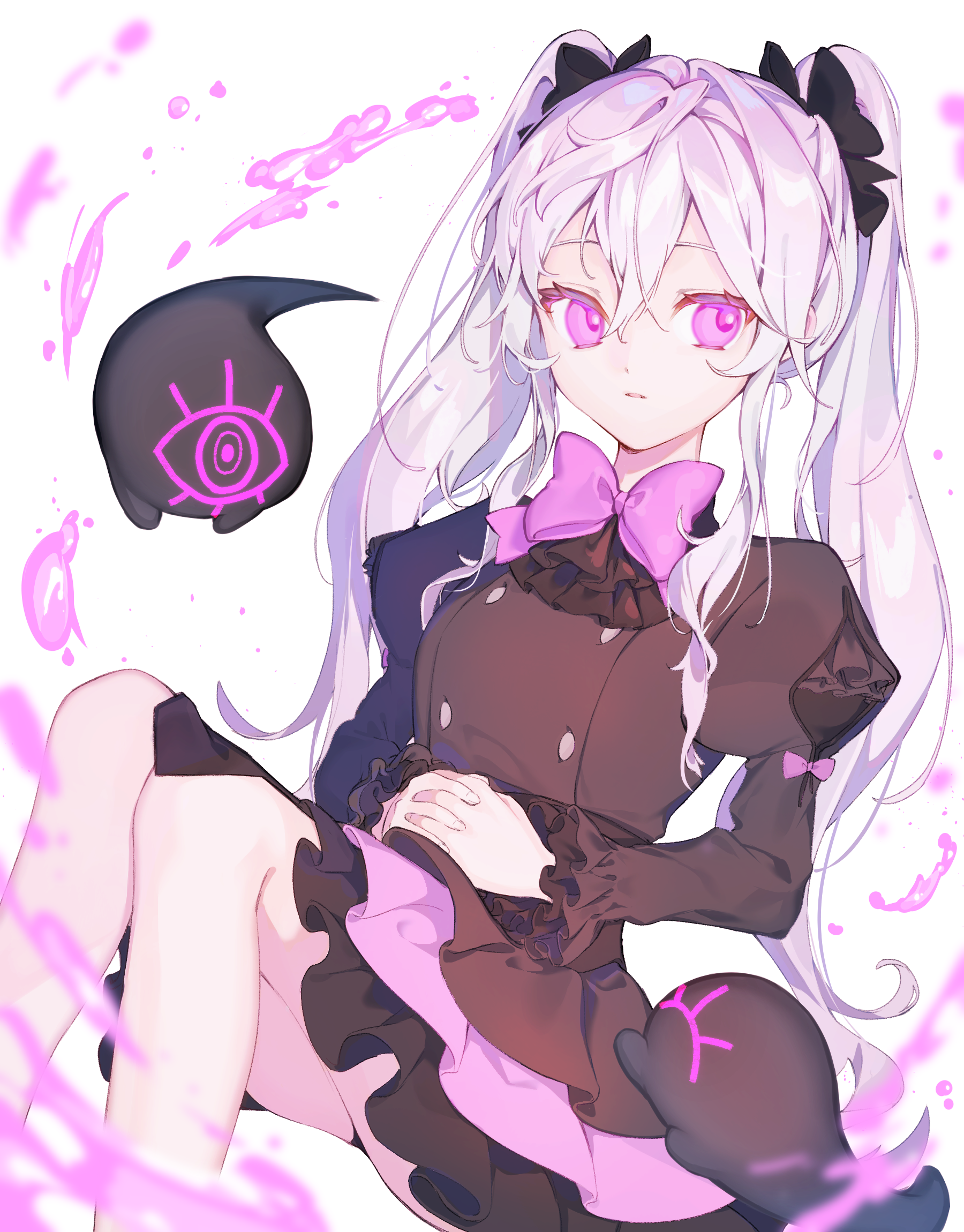 hikari50503, original, commentary request, highres, 1girl, bow, bowtie, breasts, brown dress, creature, dress, expressionless, feet out of frame, fingernails, hair between eyes, hair ornament, juliet sleeves, long hair, long sleeves, looking to the side, own hands clasped, own hands together, parted lips, pink bow, pink bowtie, pink eyes, pink hair, puffy sleeves, simple background, solo, twintails, white background