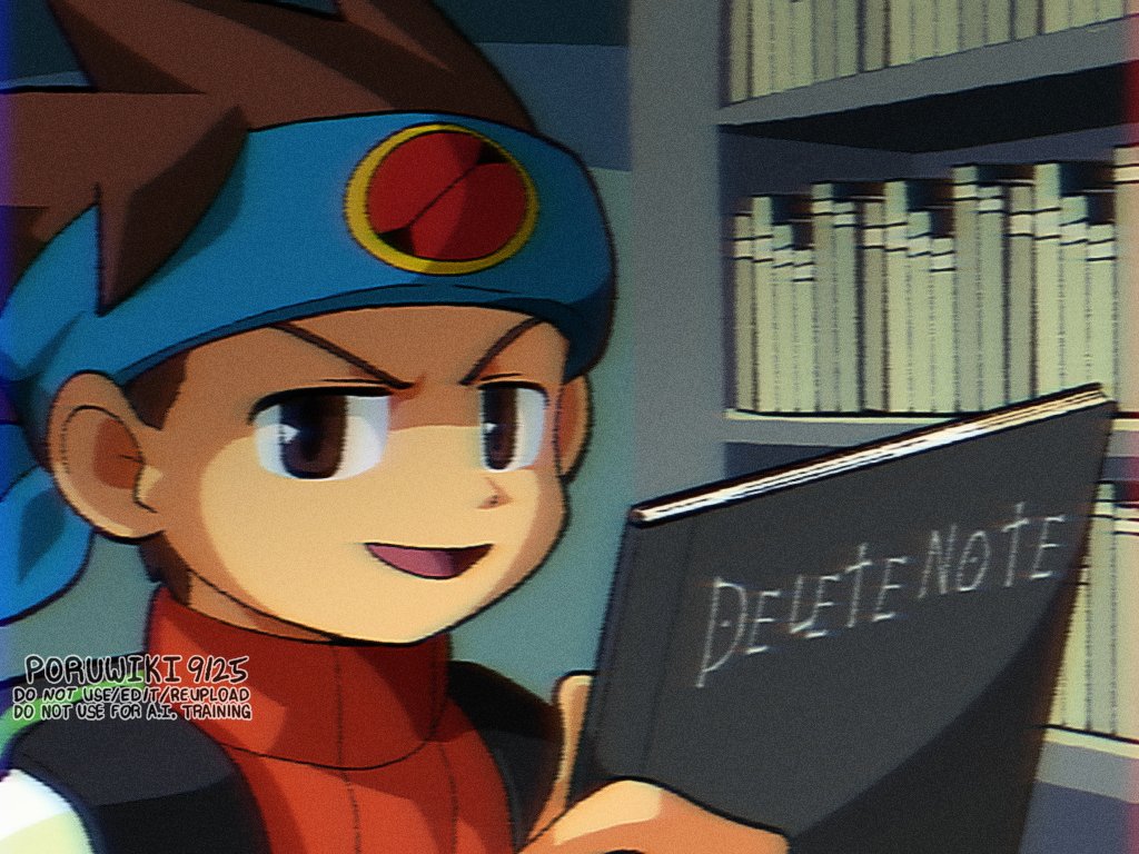 poruwiki, lan hikari (mega man), death note, mega man (series), mega man battle network (series), commentary, english commentary, 1boy, artist name, blue headband, brown eyes, brown hair, death note (object), headband, holding, holding notebook, male focus, notebook, open mouth, parody, solo, upper body, voice actor connection