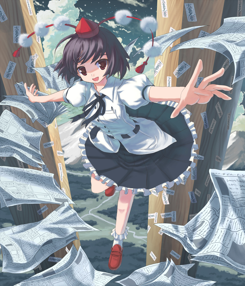 naox, shameimaru aya, touhou, 1girl, black hair, brown eyes, female focus, hat, looking at viewer, newspaper, ofuda, open mouth, short hair, smile, solo