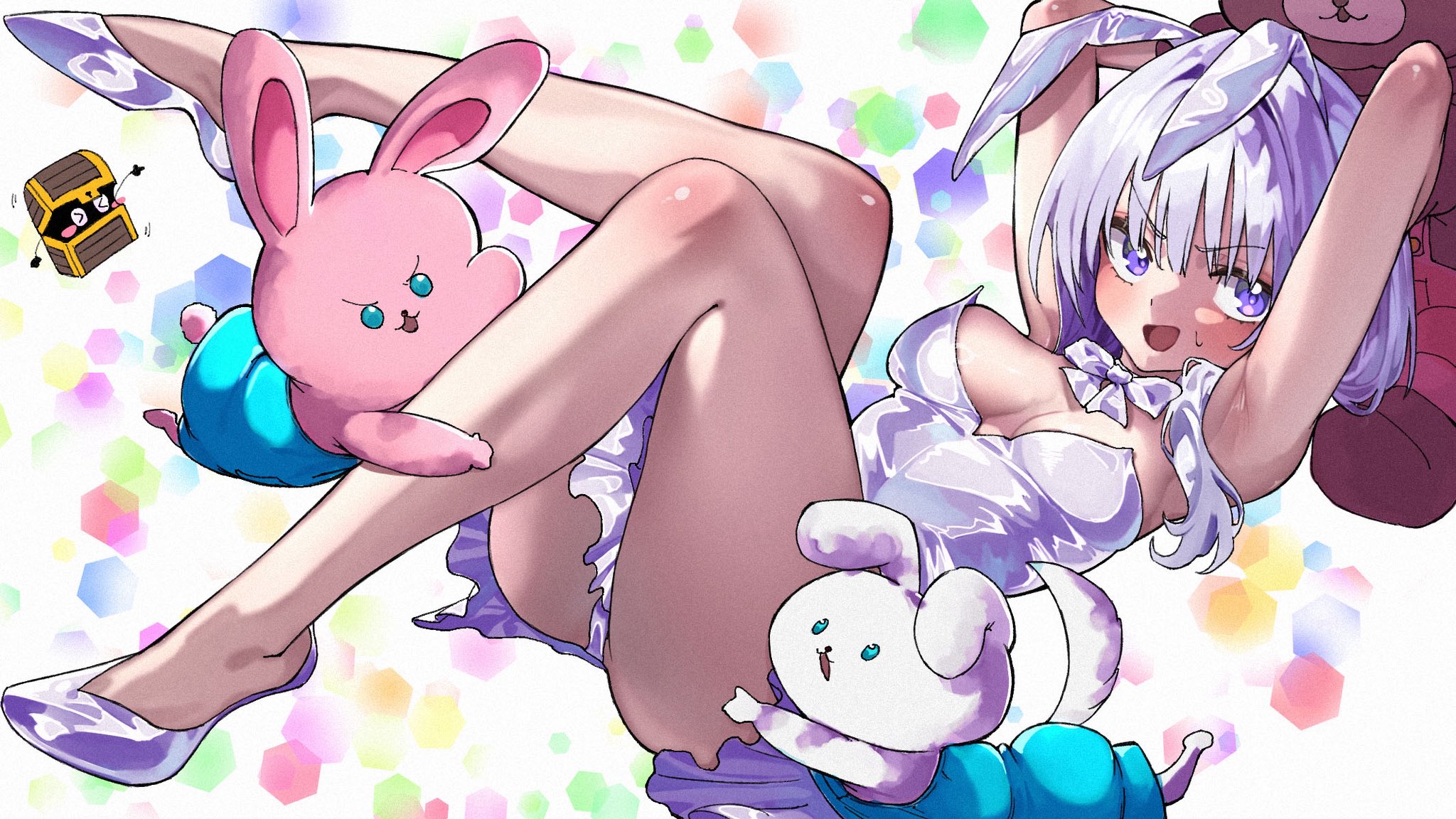 taroekaki, tensei shitara dai nana oji datta no de: kimama ni majutsu o kiwamemasu, character request, commentary request, highres, 1girl, :d, animal ears, armpit crease, armpits, arms behind head, bare legs, blush, bow, bowtie, breasts, dress, dutch angle, eyelashes, fake animal ears, film grain, full body, hair between eyes, hair over shoulder, knees together feet apart, long hair, looking at viewer, lying, medium breasts, no socks, on back, open mouth, playboy bunny, purple bow, purple bowtie, purple dress, purple eyes, purple hair, purple shoes, rabbit ears, shoes, short dress, simple background, smile, solo, strapless, strapless dress, stuffed animal, stuffed dog, stuffed rabbit, stuffed toy, sweatdrop, teddy bear, thighs, v-shaped eyebrows, white background