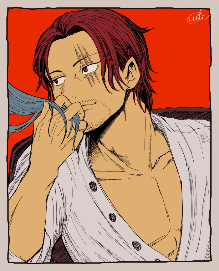 udaa (ahirucook), buggy the clown, shanks (one piece), one piece, 2boys, beard stubble, blue hair, buttons, facial hair, looking to the side, multiple boys, out of frame, red background, red hair, scar, scar across eye, scar on face, shirt, short hair, signature, smile, stubble, upper body, white shirt