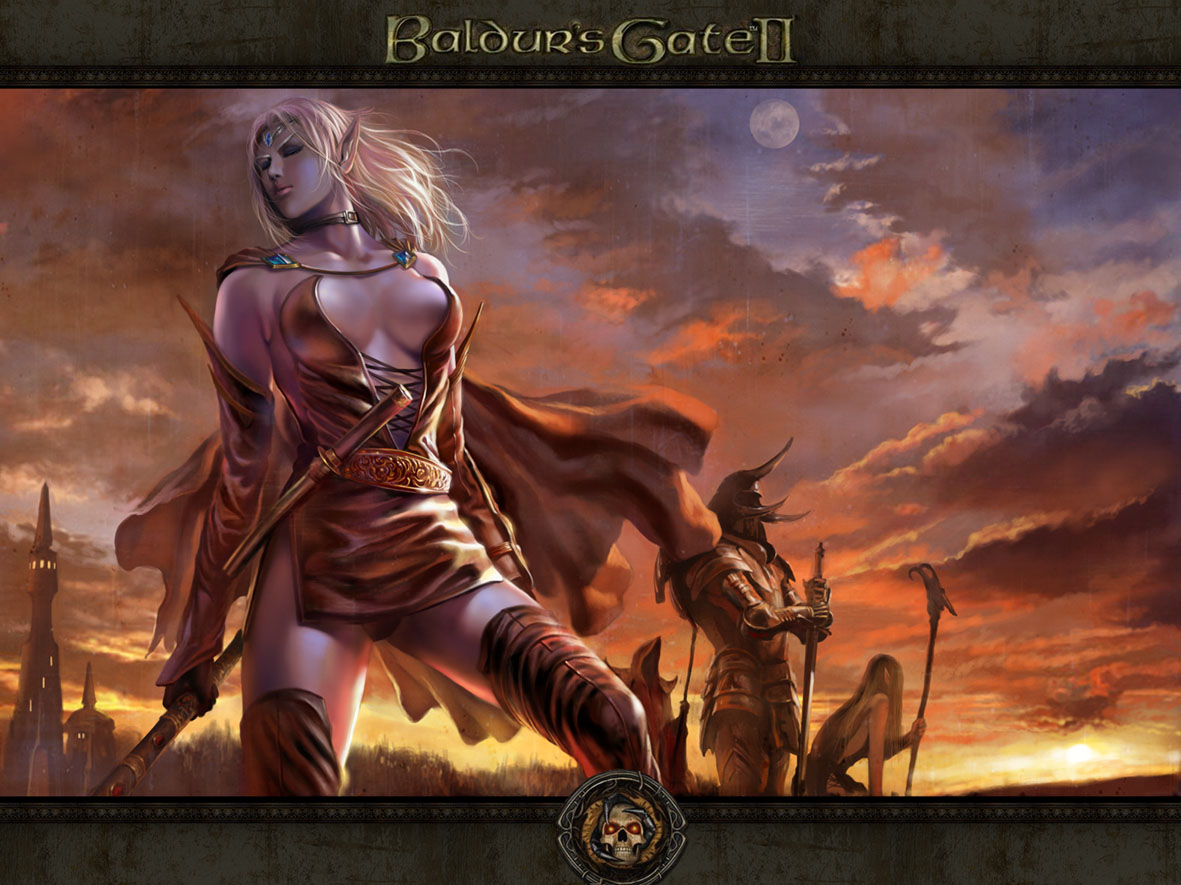 azazel1944, viconia devir, baldur's gate, armor, breasts, cape, choker, circlet, cleavage, closed eyes, dark elf, dress, elbow gloves, elf, gloves, panties, pointy ears, purple skin, sunset, thighhighs, underwear, white hair
