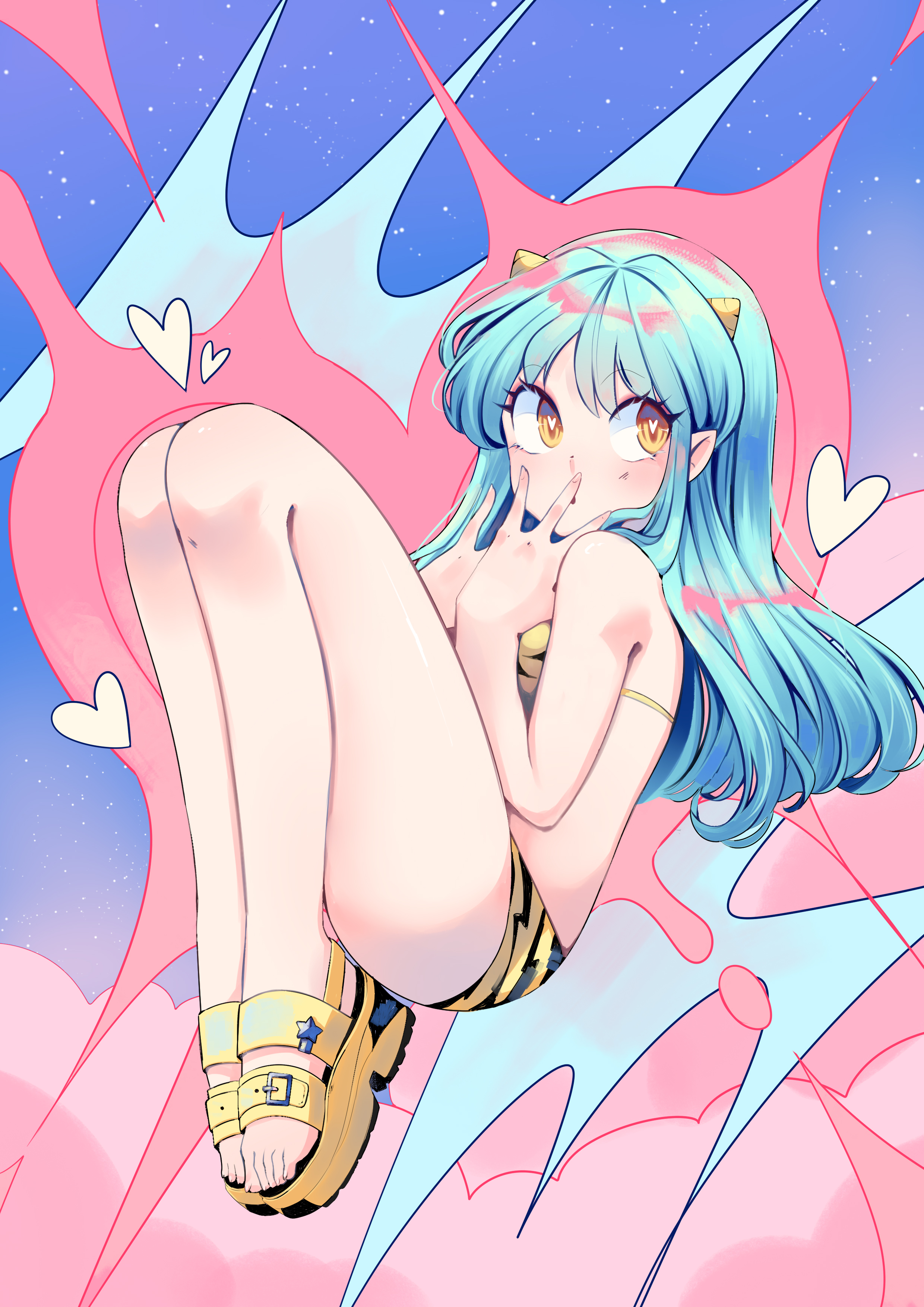 mosyart, lum, urusei yatsura, absurdres, commentary, english commentary, highres, 1girl, animal print, bikini, blue hair, cone horns, full body, heart, heart-shaped pupils, horns, long hair, looking at viewer, pointy ears, print bikini, print sandals, sandals, sky, solo, star (sky), starry sky, swimsuit, symbol-shaped pupils, tiger print