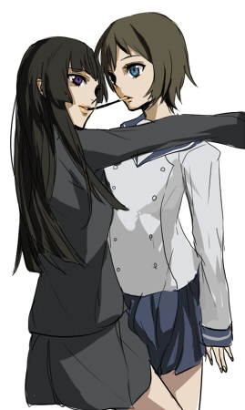 isayama yomi, tsuchimiya kagura, ga-rei, ga-rei zero, lowres, 00s, 2girls, black hair, blue eyes, blunt bangs, brown hair, food, hime cut, long hair, multiple girls, pocky, pocky kiss, purple eyes, school uniform, shared food, short hair, yuri