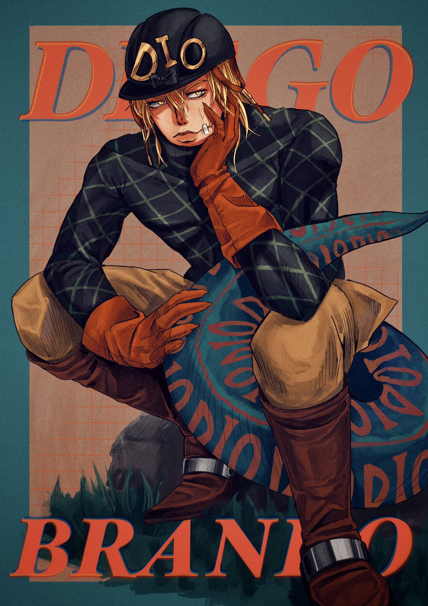 diego brando, scary monsters (stand), jojo no kimyou na bouken, steel ball run, commentary request, highres, 1boy, 39zaku39, argyle clothes, argyle sweater, bandage on face, bandages, black bow, black helmet, black sweater, blonde hair, blue border, blue tail, boots, border, bow, brown boots, brown pants, character name, clawed gauntlets, closed mouth, cowboy boots, dinosaur tail, gloves, grass, hand on own cheek, hand on own face, hat, hat bow, head rest, helmet, jodhpurs, long sleeves, male focus, medium hair, orange gloves, pants, solo, spurs, squatting, stand (jojo), sweater, tail, turtleneck, turtleneck sweater, yellow eyes