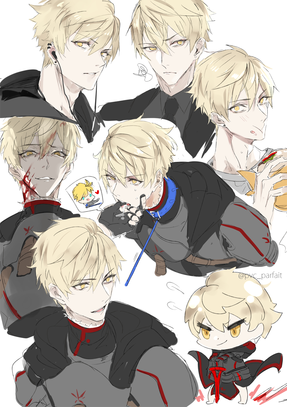 pvc parfait, arthur pendragon (fate), arthur pendragon alter (fate), fate/grand order, fate (series), highres, 2boys, ahoge, aqua eyes, armor, artist name, barefoot, belt, black gloves, black hood, black hoodie, black jacket, black necktie, black robe, black shirt, blonde hair, blood, blood on face, blue collar, breastplate, brown belt, burger, chibi, chibi inset, closed mouth, collar, collared shirt, dual persona, earclip, earphones, earrings, eating, excalibur (fate/prototype), faulds, finger in another's mouth, floating clothes, food, food on face, formal clothes, full armor, full body, gauntlets, gloves, grey armor, grey shirt, hair between eyes, heart, holding, holding burger, holding food, holding sword, holding weapon, hood, hoodie, jacket, jewelry, lapels, leash, looking at another, looking at viewer, looking to the side, male focus, multiple boys, multiple views, necktie, open mouth, orange eyes, pauldrons, robe, saliva, selfcest, shirt, short hair, shoulder armor, simple background, smile, solo focus, speech bubble, spoken character, standing, suit, suit jacket, sweat, sword, t-shirt, teeth, upper body, v-shaped eyebrows, weapon, white background, yaoi