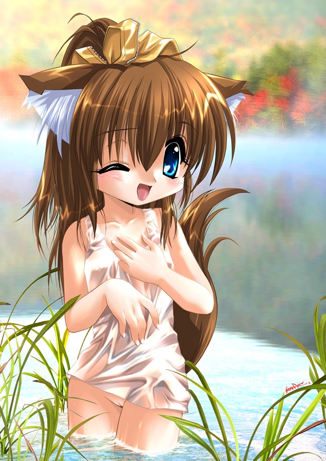 starfox (artist), popury, 1girl, animal ears, blue eyes, blush, brown hair, female focus, loli, no panties, one eye closed, pussy, smile, solo, tail, uncensored, water, wet, wink