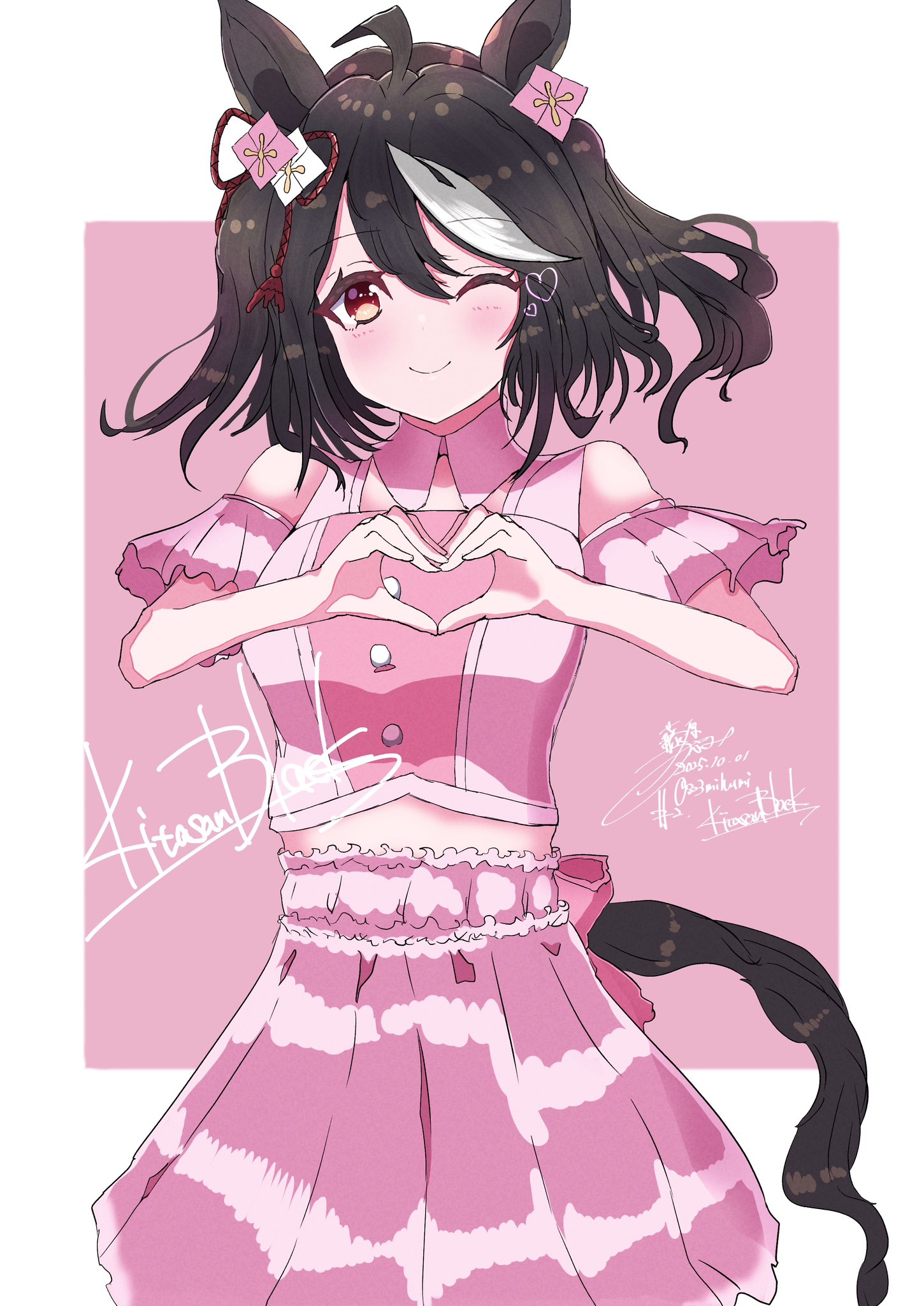 kitasan black (umamusume), umamusume, highres, 1girl, 323mihumi, ahoge, animal ears, black hair, blush, breasts, closed mouth, clothing cutout, detached collar, ear ornament, green eyes, hair between eyes, hair ornament, heart, heart hair ornament, heart hands, horse ears, horse girl, horse tail, looking at viewer, medium hair, meni shuki rush-sshu!, midriff, multicolored hair, one eye closed, pink background, pink shirt, pink skirt, red eyes, shirt, shoulder cutout, skirt, smile, solo, streaked hair, tail, white hair