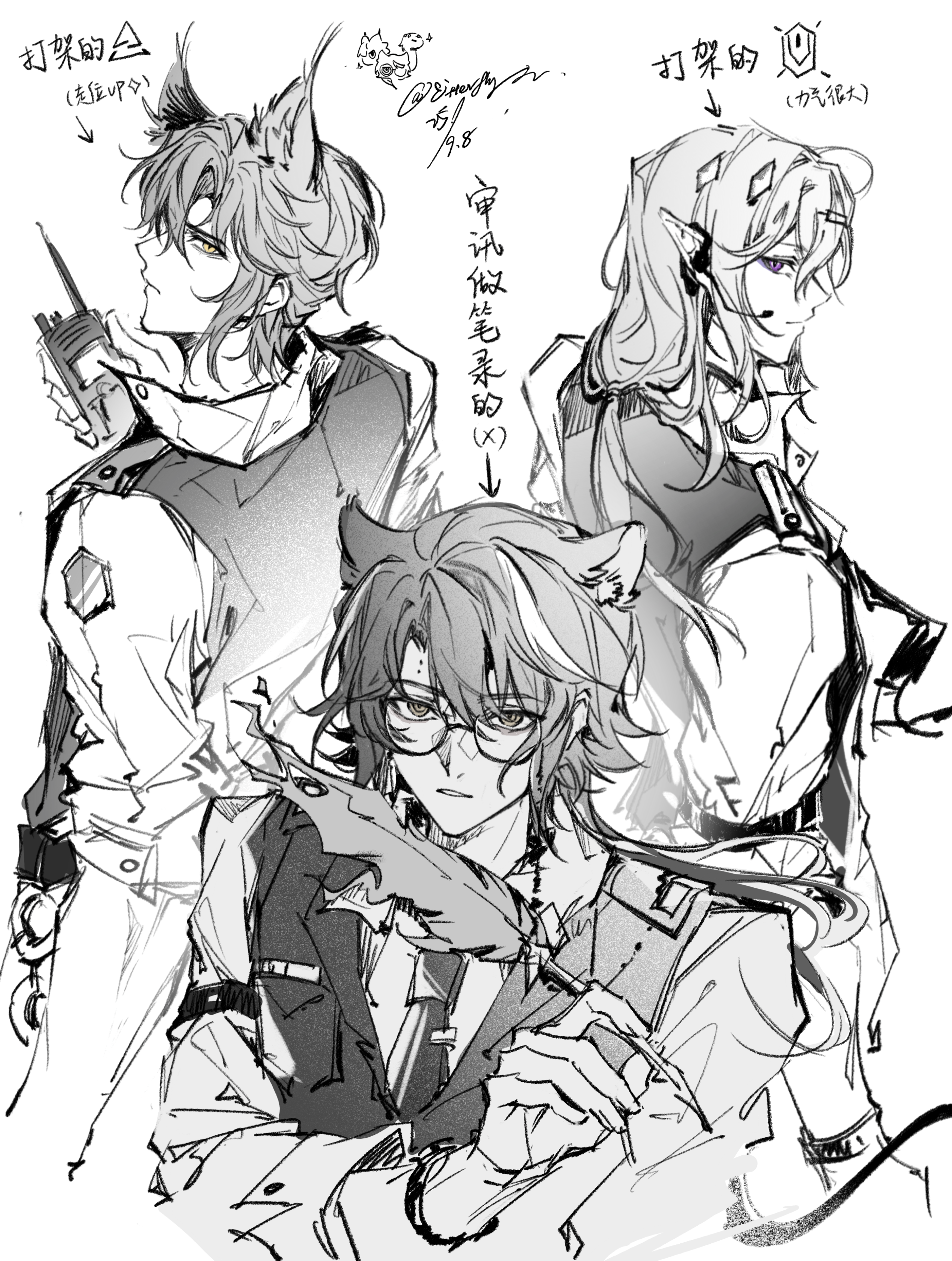 mitterfly, phantom (arknights), playwright (arknights), shalem (arknights), arknights, absurdres, chinese commentary, highres, translation request, 3boys, alternate costume, animal ears, arm at side, arrow (symbol), back-to-back, brown eyes, cat boy, cat ears, chibi, chibi inset, chinese text, closed mouth, cuffs, curtained hair, expressionless, extra ears, frown, glasses, greyscale, hair between eyes, hand up, handcuffs, headset, holding, holding quill, holding walkie-talkie, light smile, long hair, long sleeves, looking at viewer, low-tied long hair, male focus, monochrome, multicolored hair, multiple boys, necktie, parted lips, pointy ears, police, police uniform, popped collar, profile, purple eyes, quill, short hair, sideways glance, signature, simple background, sleeve garter, sleeves rolled up, spot color, streaked hair, tie clip, upper body, vest, walkie-talkie, watch, wolf cut, wristwatch, yellow eyes