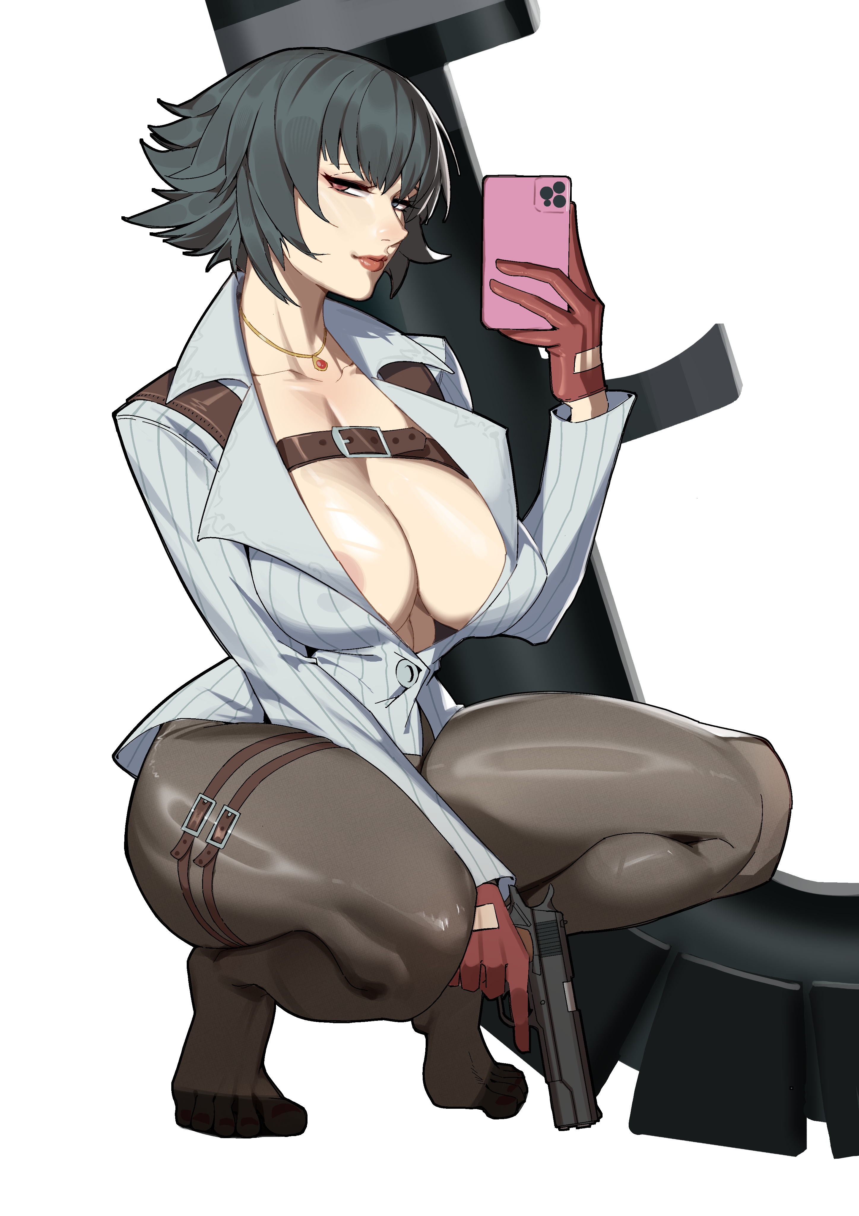 cloudy rain4, lady (devil may cry), devil may cry, devil may cry (series), devil may cry 4, absurdres, highres, 1girl, areola slip, black hair, black pantyhose, breasts, cellphone, cleavage, gloves, green eyes, gun, handgun, heterochromia, holding, holding gun, holding weapon, jacket, jewelry, kalina ann (weapon), large breasts, looking at viewer, necklace, no bra, pantyhose, phone, red eyes, red gloves, rocket launcher, simple background, smartphone, squatting, thigh strap, weapon, white background, white jacket