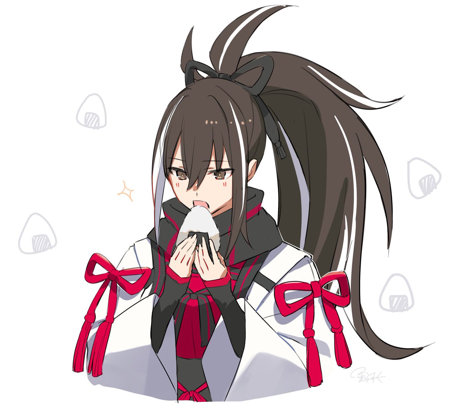 hoshi rasuku, kawakami gensai (fate), fate/grand order, fate (series), highres, 1girl, black eyes, black hair, eating, food, japanese clothes, long hair, onigiri, open mouth, ponytail, scarf, solo, upper body, white hair