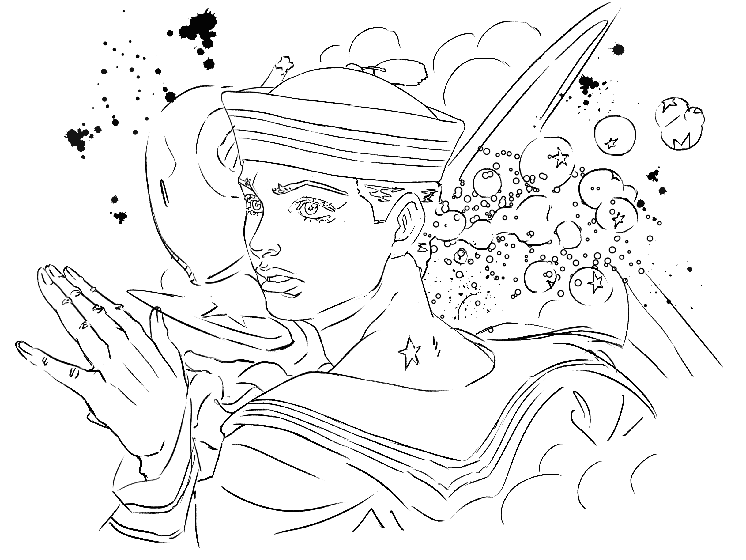 grandguerrilla, higashikata josuke (jojolion), soft & wet, jojo no kimyou na bouken, jojolion, highres, 1boy, 1other, birthmark, bubble, dixie cup hat, greyscale, hat, joestar birthmark, lineart, male focus, military hat, monochrome, parted lips, sailor, sailor collar, sailor hat, short hair, solo, stand (jojo), star (symbol)