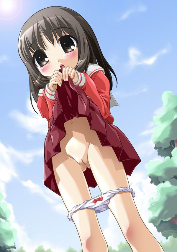 kasuga ayumu, azumanga daiou, blush, bow, bow panties, brown eyes, brown hair, clothes lift, loli, panties, pussy, school uniform, skirt, skirt lift, underwear