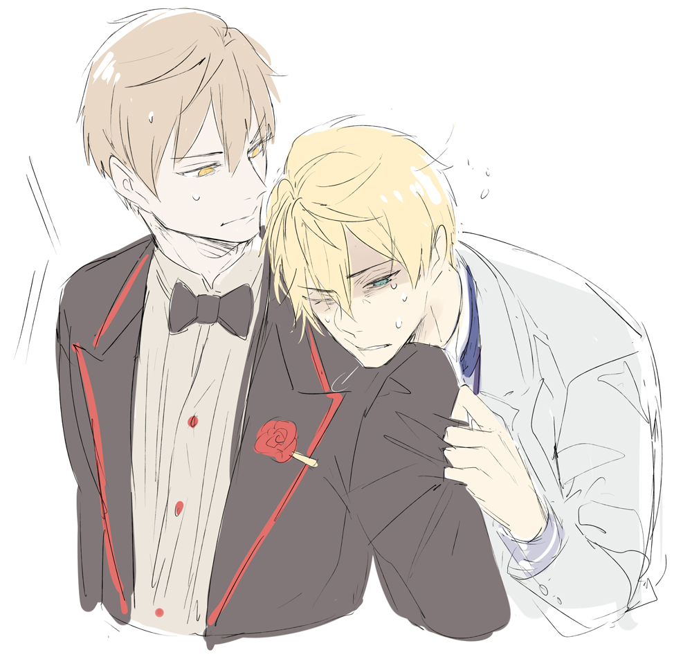 pvc parfait, arthur pendragon (fate), arthur pendragon (white rose) (fate), arthur pendragon alter (fate), fate/grand order, fate (series), 2boys, ahoge, black bow, black bowtie, black jacket, blonde hair, bow, bowtie, buttons, closed mouth, clothes grab, crying, crying with eyes open, dual persona, flower, formal clothes, green eyes, hair between eyes, hand up, head on another's shoulder, jacket, lapels, long sleeves, looking at another, looking down, male focus, multiple boys, one eye closed, open clothes, open jacket, red flower, red rose, rose, selfcest, shirt, short hair, simple background, suit, suit jacket, tears, teeth, upper body, v-shaped eyebrows, white background, white jacket, white shirt, yaoi, yellow eyes