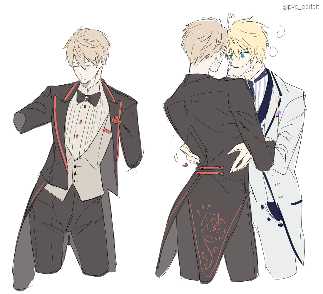 pvc parfait, arthur pendragon (fate), arthur pendragon (white rose) (fate), arthur pendragon alter (fate), fate/grand order, fate (series), 2boys, ahoge, anger vein, black bow, black bowtie, black jacket, black pants, blonde hair, blue eyes, blue necktie, bow, bowtie, buttons, closed eyes, closed mouth, covering another's mouth, cowboy shot, dual persona, fingernails, floral print, formal clothes, from behind, grey vest, hair between eyes, hand around waist, hand on another's face, hand up, heart, jacket, lapels, long sleeves, looking at another, male focus, multiple boys, necktie, open clothes, open jacket, pants, rose print, selfcest, shirt, short hair, simple background, standing, striped clothes, striped shirt, suit, suit jacket, sweat, vest, white background, white jacket, white pants, white shirt, yaoi