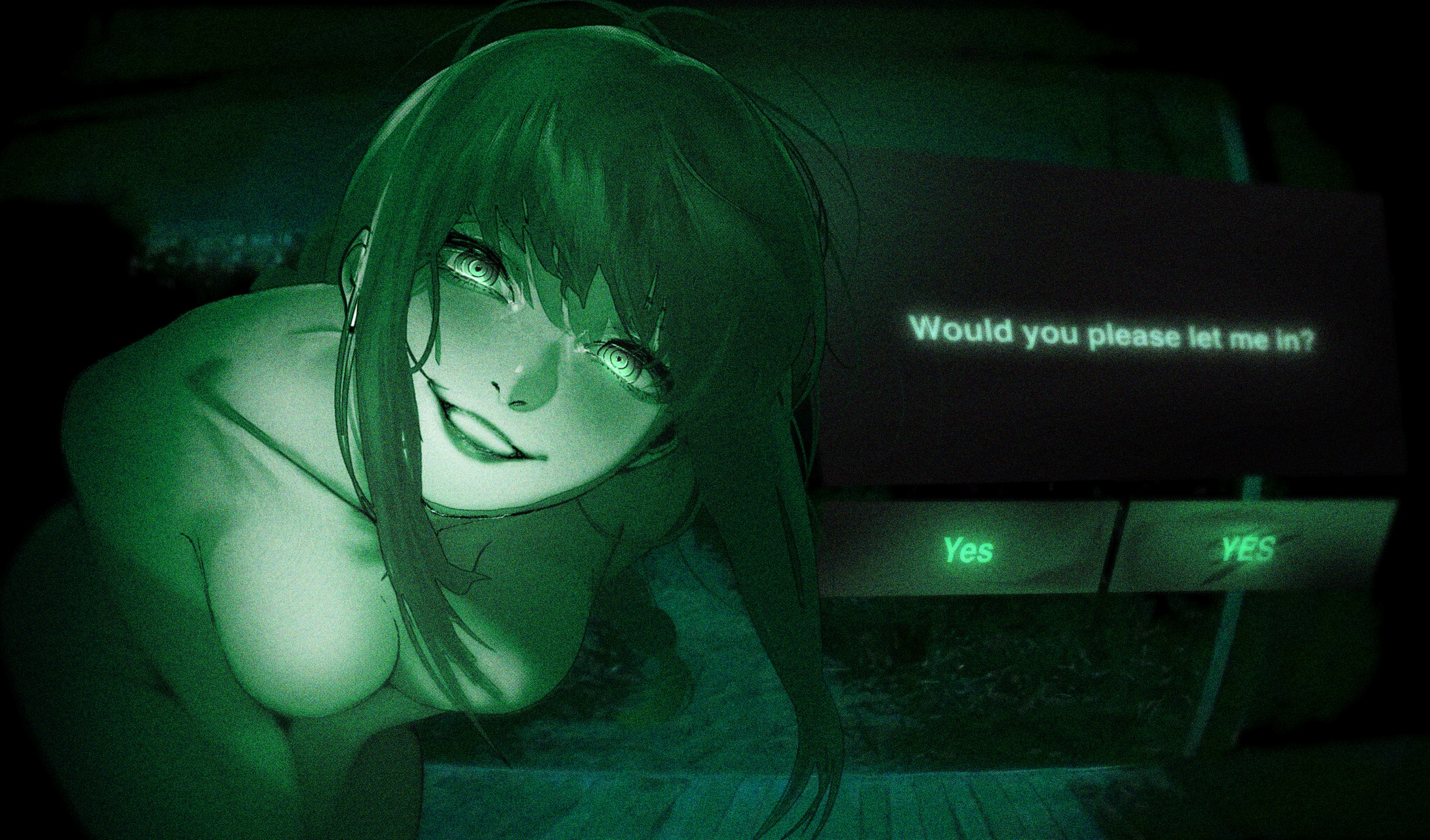 esmile, makima (chainsaw man), chainsaw man, highres, 1girl, bent over, breasts, collarbone, english text, green theme, looking at viewer, night, night vision, no i'm not a human, nude, ringed eyes, smile, solo, teeth