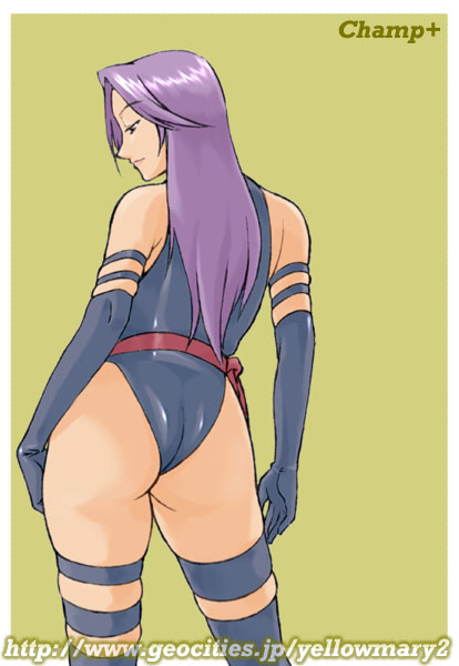 champ+, psylocke, marvel, x-men, 1girl, animification, ass, belt, elbow gloves, female focus, from behind, gloves, highleg, highleg leotard, huge ass, leotard, long hair, looking back, profile, purple hair, smile, solo, thighhighs, watermark, wedgie