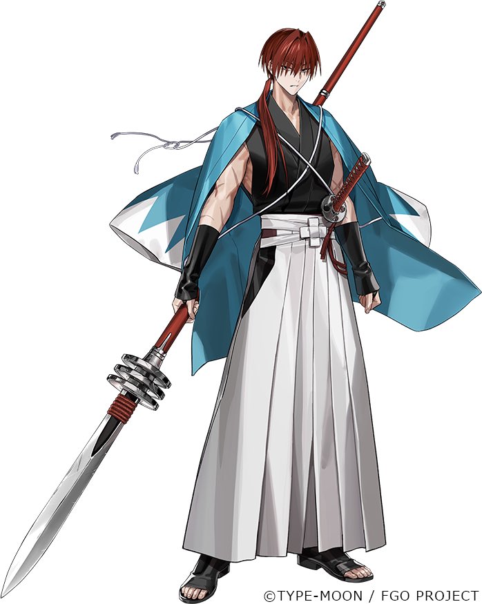 itefu, fate/grand order, fate (series), official art, 1boy, black eyes, black gloves, black kimono, blue haori, fingerless gloves, full body, gloves, hakama, haori, haori on shoulders, harada sanosuke (fate), harada sanosuke (teal haori and hakama) (fate), holding, holding polearm, holding weapon, japanese clothes, katana, kimono, long hair, looking at viewer, male focus, multiple scars, open mouth, polearm, ponytail, red hair, scar, scar on arm, shinsengumi, sleeveless, sleeveless kimono, solo, standing, sword, tachi-e, transparent background, weapon, white hakama