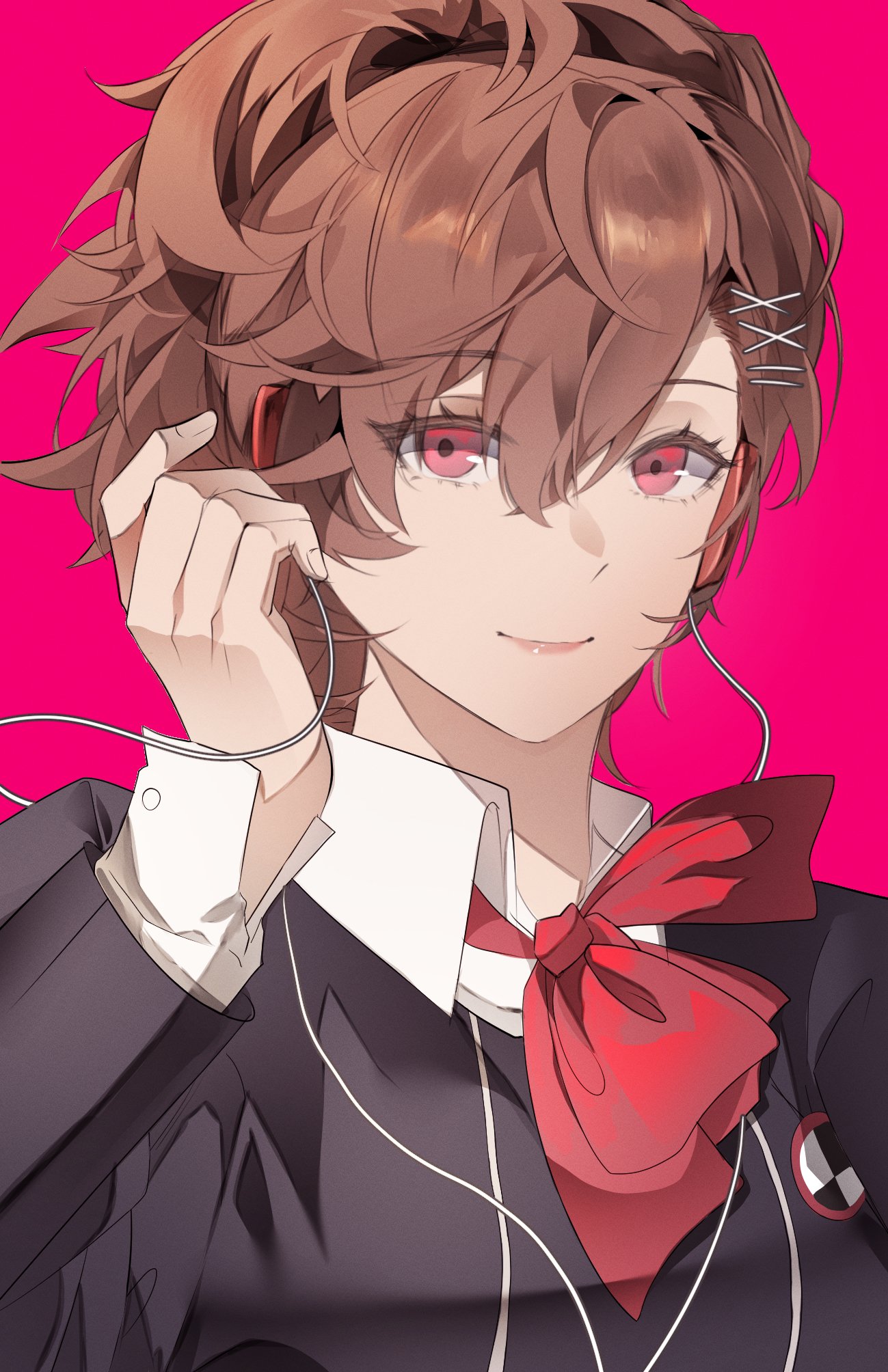 parun0ri, shiomi kotone, persona, persona 3, persona 3 portable, commentary, hashtag-only commentary, highres, 1girl, black jacket, bow, brown hair, closed mouth, digital media player, digital walkman, earphones, gekkoukan high school uniform, hair ornament, hairclip, hand up, jacket, long sleeves, looking at viewer, medium hair, parallel hairclips, pink background, ponytail, portrait, red bow, red eyes, school uniform, shirt, simple background, smile, solo, walkman nw-s203f, white shirt