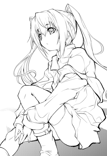 kashi, original, 1girl, ankle boots, boots, bracelet, dress, female focus, greyscale, jewelry, lineart, long hair, long sleeves, look-alike, monochrome, simple background, sitting, solo, twintails, very long hair, white background