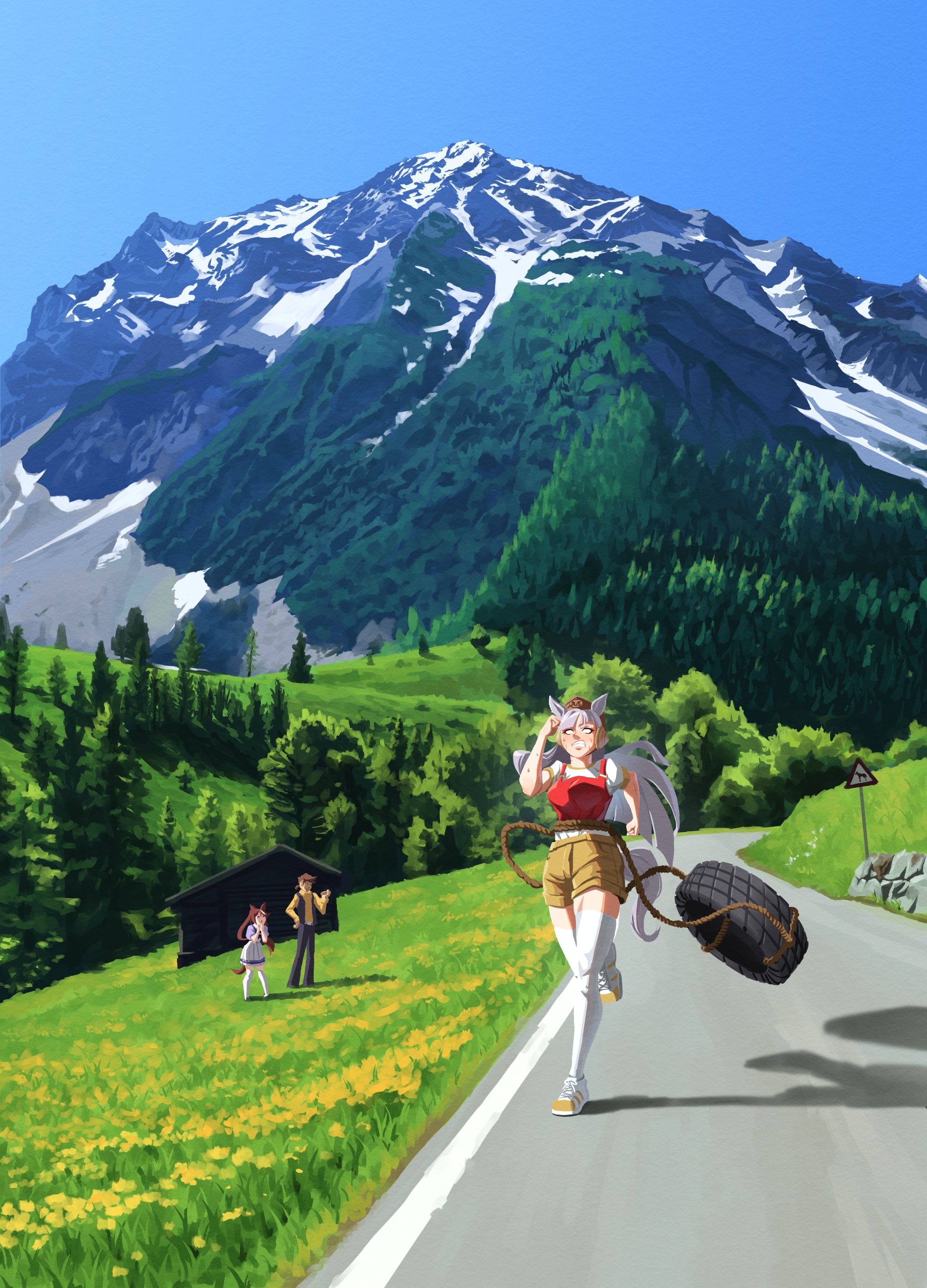 cyansapphire, gold ship (umamusume), team spica's trainer, tokai teio (umamusume), trainer (umamusume), umamusume, absurdres, highres, 1boy, 2girls, animal ears, blank eyes, blue eyes, blue sky, blunt bangs, blush, bow, breasts, brown hair, clenched teeth, field, forest, grass, grey hair, hair between eyes, hat, horse ears, horse girl, horse tail, large breasts, long hair, long sleeves, mountain, multicolored hair, multiple girls, nature, open mouth, outdoors, pants, pillbox hat, ponytail, puffy short sleeves, puffy sleeves, purple bow, purple shirt, red tank top, road, road sign, rope, rope around waist, running, sailor collar, sailor shirt, school uniform, shirt, shoes, short hair, short sleeves, shorts, sign, skirt, sky, sneakers, streaked hair, sweat, tail, tank top, teeth, thighhighs, tracen school uniform, training, tree, two-tone hair, unused tire, vest, white hair, white sailor collar, white shirt, white skirt, white thighhighs, yellow shirt, zettai ryouiki