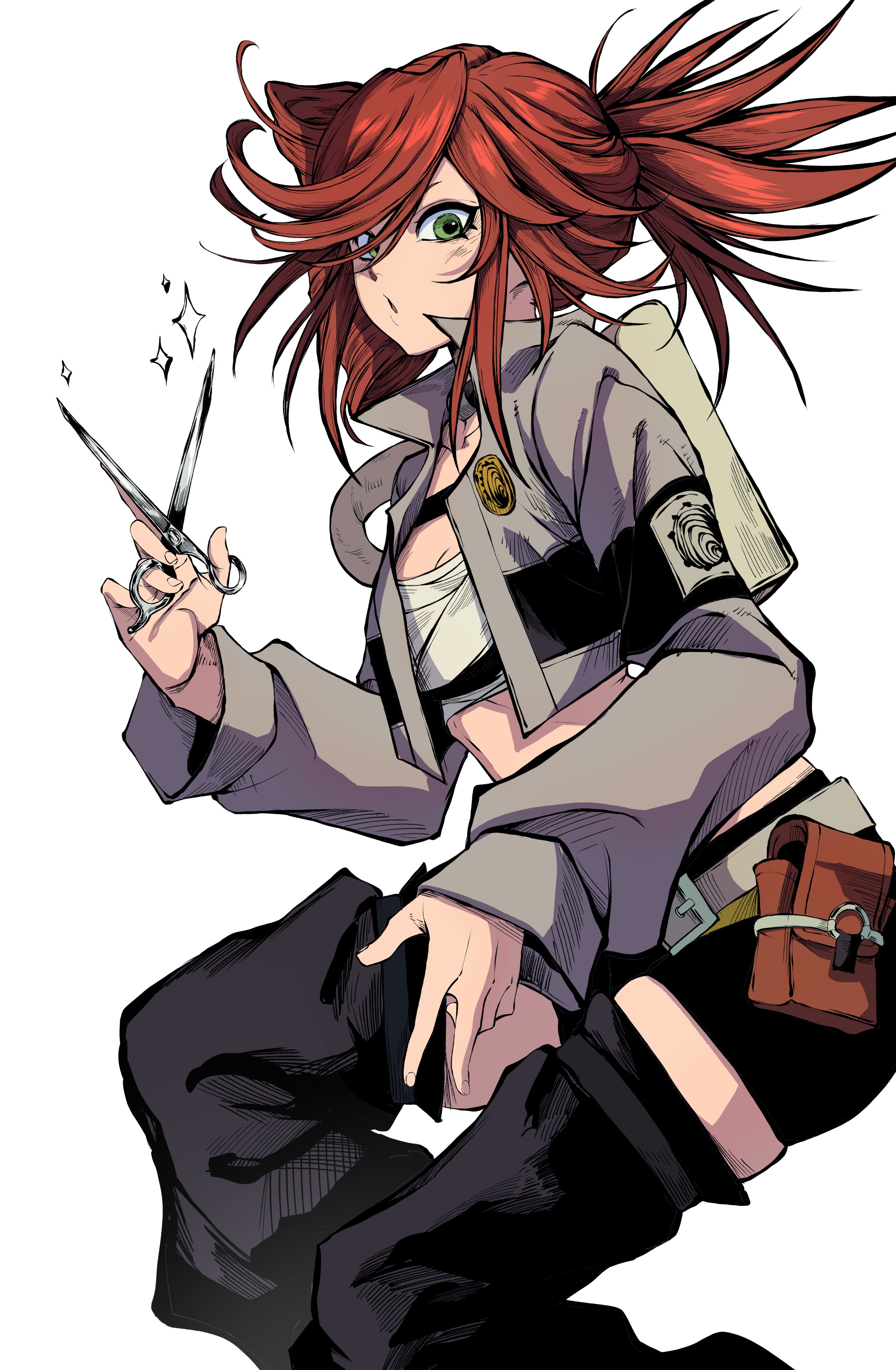 jesse schickler, riyo reaper, gachiakuta, absurdres, highres, 1girl, bandeau, belt, belt pouch, black leg warmers, black shoes, cropped jacket, feet out of frame, from side, green eyes, grey belt, grey jacket, holding, holding scissors, jacket, leg warmers, long sleeves, looking at viewer, open clothes, open jacket, parted lips, pouch, red hair, scissors, shoes, short shorts, shorts, simple background, skindentation, solo, white background, white bandeau