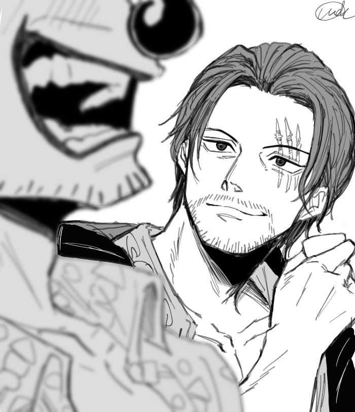 udaa (ahirucook), buggy the clown, shanks (one piece), one piece, commentary request, 2boys, beard stubble, blurry, blurry foreground, blush, cup, facial hair, greyscale, hair slicked back, holding, holding cup, looking at another, male focus, monochrome, multiple boys, open mouth, scar, scar across eye, scar on face, short hair, signature, simple background, smile, stubble