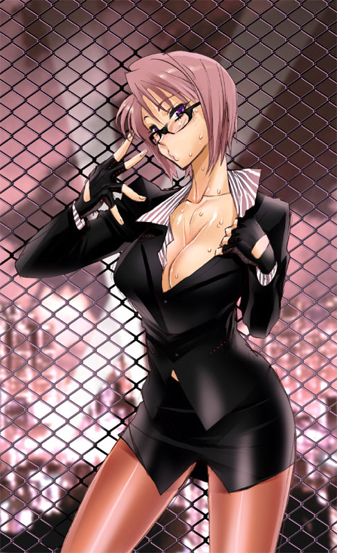 satou shouji, 1girl, bespectacled, blazer, blush, breasts, business suit, chain-link fence, cleavage, female focus, fence, formal clothes, glasses, gloves, jacket, large breasts, pantyhose, pencil skirt, pink hair, purple eyes, short hair, skirt, skirt suit, solo, suit, sweat