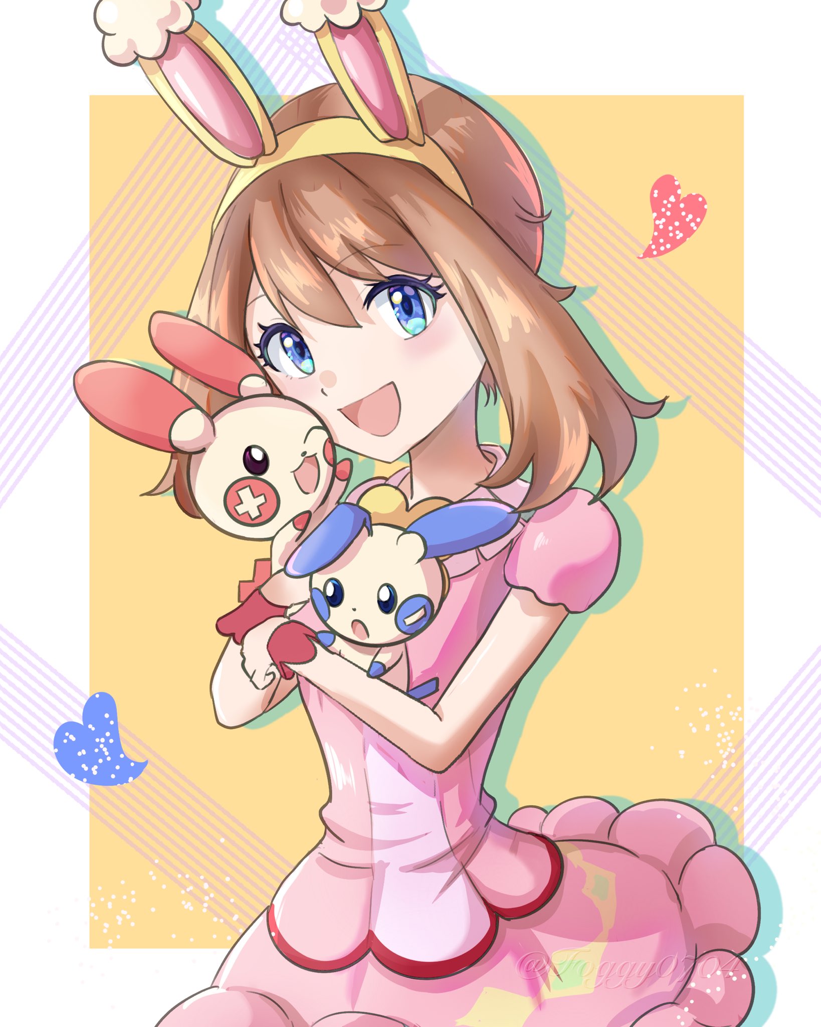 foggy0704, may (pokemon), may (spring 2021) (pokemon), minun, plusle, nintendo, pokemon, pokemon masters ex, highres, 1girl, :d, animal ear hairband, animal ears, blue eyes, brown hair, dress, eyelashes, fake animal ears, gen 3 pokemon, hair between eyes, hairband, heart, holding, holding pokemon, looking at viewer, official alternate costume, open mouth, pink dress, pokemon (creature), rabbit ear hairband, rabbit ears, short hair, short sleeves, smile