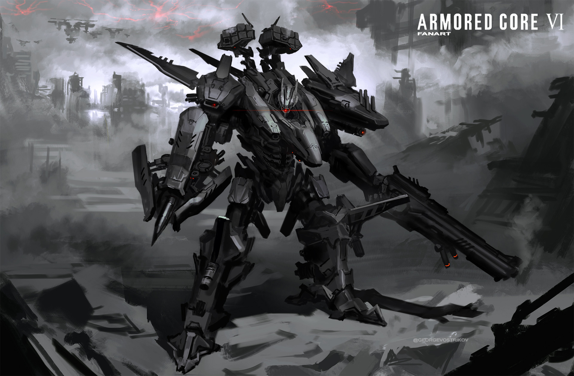 armored core, armored core vi: fires of rubicon, highres, georgevostrikov, joints, mecha, mecha focus, mechanical arms, mechanical hands, mechanical legs, missile pod, no humans, pile bunker, robot, robot joints, science fiction, weapon