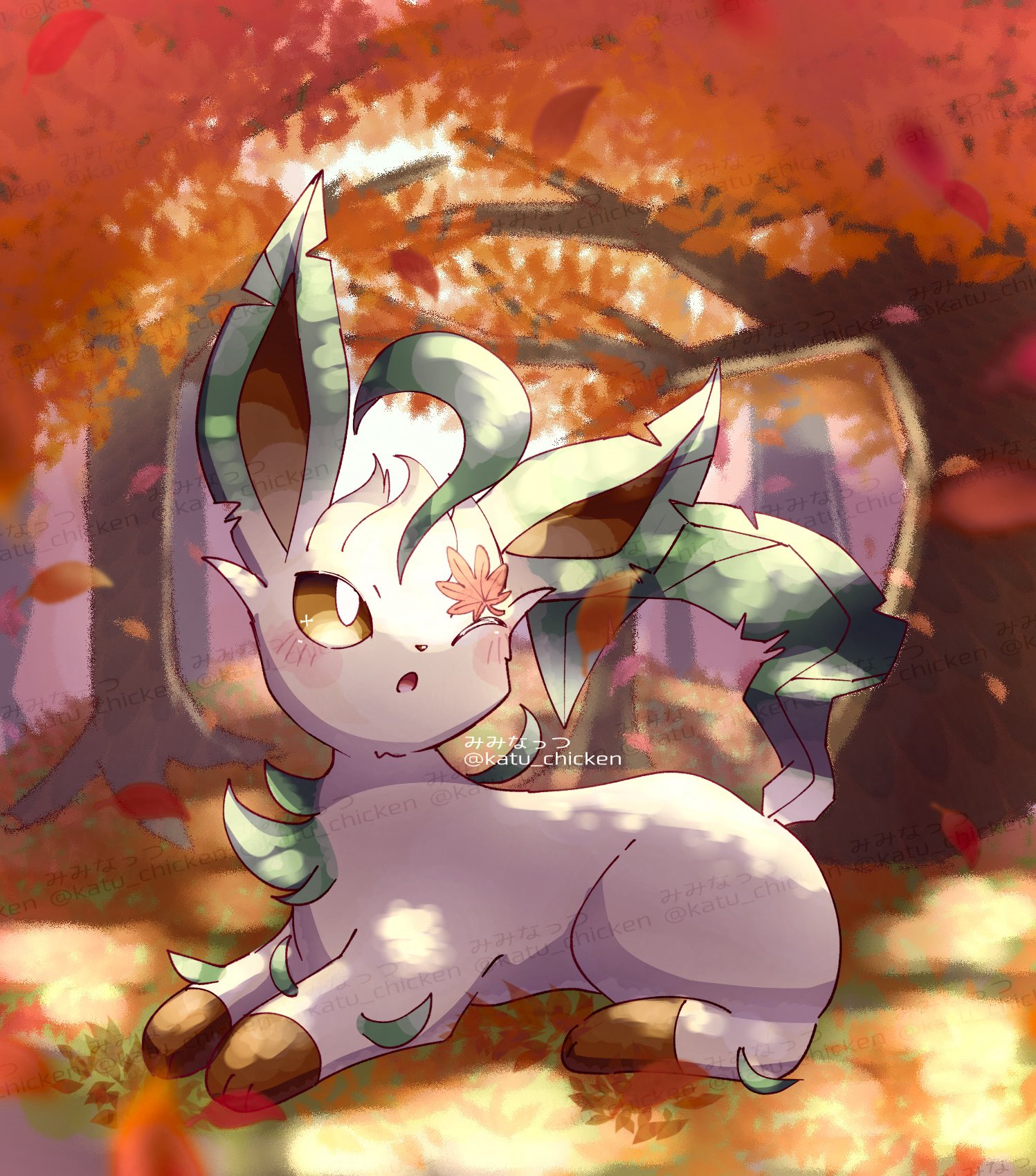 katu chicken, leafeon, nintendo, pokemon, highres, animal focus, autumn leaves, blush, brown eyes, brown fur, brown sclera, colored sclera, forest, full body, gen 4 pokemon, green fur, leaf, nature, no humans, one eye closed, open mouth, outdoors, pokemon (creature), pokemon focus, tail, tree, yellow fur