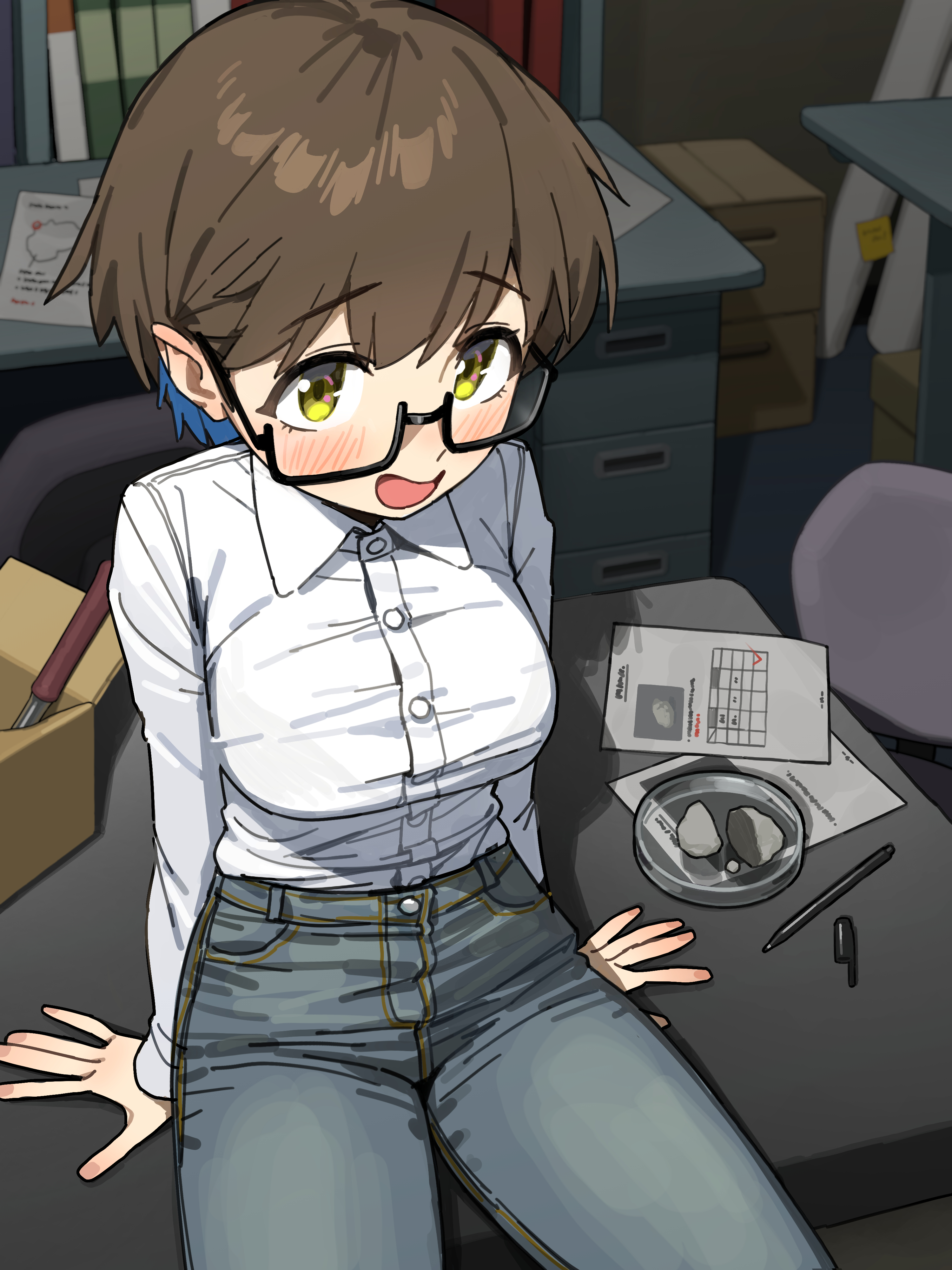 b1026, imari youko, ruri no houseki, absurdres, commentary, highres, 1girl, :d, black-framed eyewear, blue hair, blush, box, breasts, brown hair, cardboard box, denim, dress shirt, glasses, indoors, jeans, large breasts, long sleeves, looking at viewer, on table, open mouth, pants, paper, pen, semi-rimless eyewear, shirt, short hair, sitting, smile, solo, table, taut clothes, under-rim eyewear, white shirt, yellow eyes