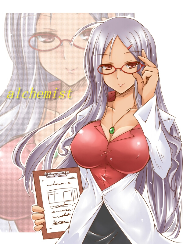 paopao, parace l'sia, aq interactive, arcana heart, arcana heart 2, atlus, examu, bad id, bad pixiv id, source request, 1girl, adjusting eyewear, ahoge, breasts, cleavage, clipboard, covered erect nipples, dark-skinned female, dark skin, female focus, glasses, hair ornament, hairclip, jewelry, lab coat, large breasts, lipstick, long hair, makeup, miniskirt, necklace, pencil skirt, pendant, red eyes, skirt, smile, solo, sparkle, thighhighs, white hair, zoom layer