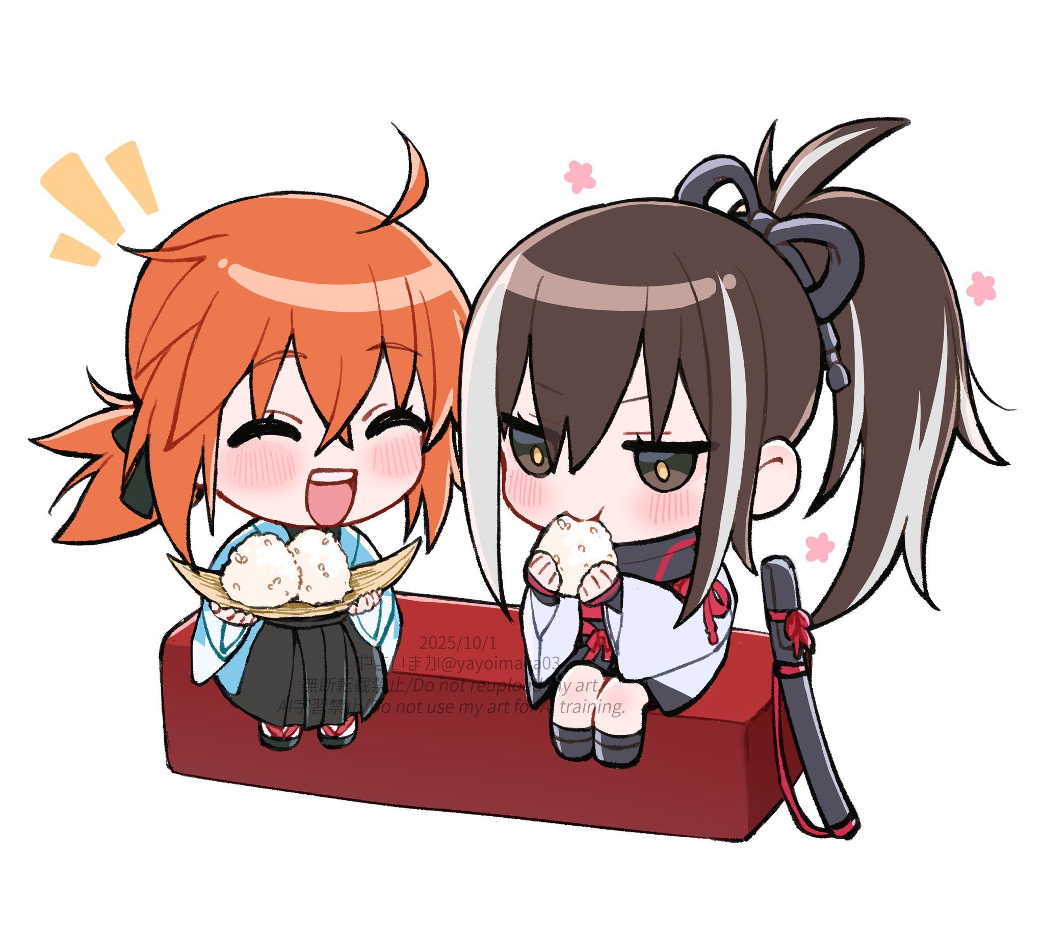 yayoi maka, fujimaru ritsuka (female), kawakami gensai (fate), fate/grand order, fate (series), highres, 2girls, ahoge, black eyes, black hair, blue haori, blush, chibi, closed eyes, closed mouth, eating, food, haori, japanese clothes, long hair, multiple girls, onigiri, open mouth, orange hair, ponytail, scabbard, sheath, short hair, sitting, sword, twitter username, weapon, white hair