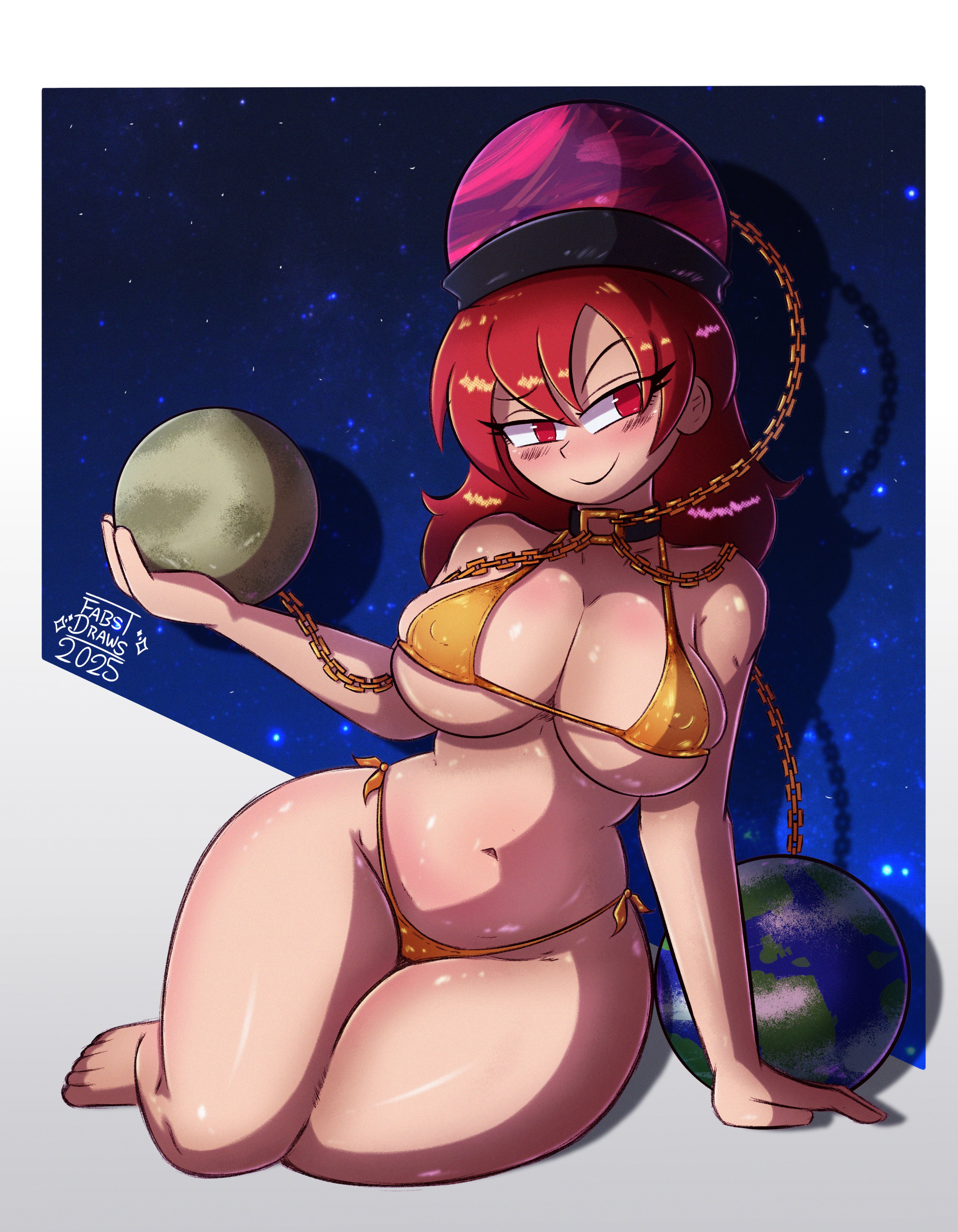 elfabienst, hecatia lapislazuli, touhou, absurdres, commentary, english commentary, highres, variant set, 1girl, artist name, barefoot, bikini, breasts, chain, collar, covered erect nipples, dated, earth (ornament), gold bikini, gold chain, headgear, large breasts, long hair, moon (ornament), navel, reclining, red eyes, red hair, side-tie bikini bottom, solo, space, swimsuit, thick thighs, thighs, toes, underworld (ornament), wide hips