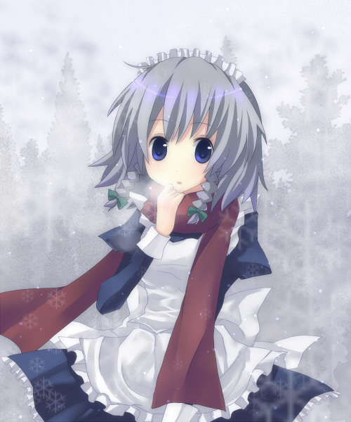 yukishiro mafuyu, izayoi sakuya, perfect cherry blossom, touhou, silver hair, 1girl, braid, breath, female focus, scarf, short hair, solo, twin braids