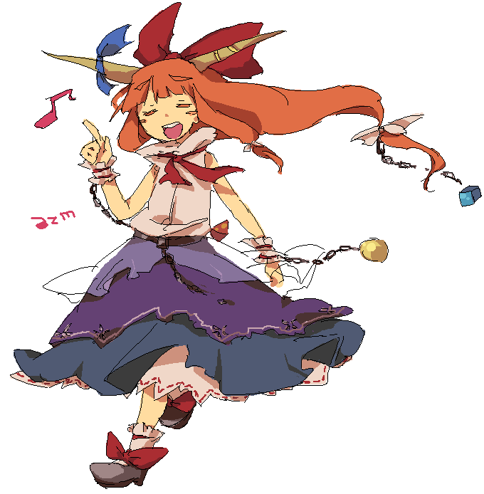 azuma seiji, ibuki suika, touhou, kerchief, 1girl, :d, ^ ^, blue skirt, bow, breasts, chain, closed eyes, cuffs, female focus, full body, hair bow, happy, horns, layered skirt, musical note, oni, open mouth, orange hair, running, shackles, shoes, simple background, skirt, small breasts, smile, solo, white background