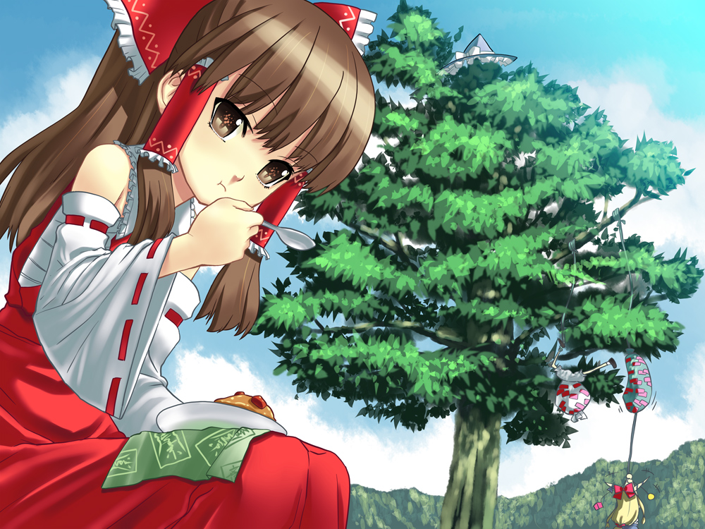 okina ika, hakurei reimu, ibuki suika, kirisame marisa, touhou, revision, 3girls, :t, bare shoulders, blonde hair, bow, brown eyes, brown hair, curry, detached sleeves, eating, female focus, food, hair bow, hat, long hair, multiple girls, ofuda, sitting, spoon, tree, unworn hat, unworn headwear, witch hat