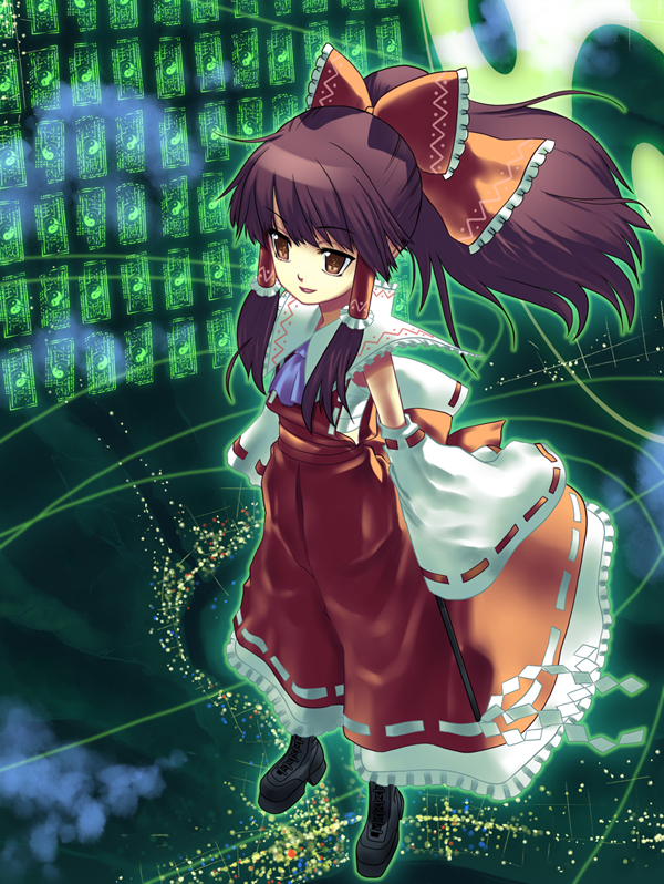 okina ika, hakurei reimu, subterranean animism, touhou, 1girl, brown eyes, brown hair, detached sleeves, female focus, full body, ghost, gohei, hitodama, oonusa, ponytail, red skirt, ribbon-trimmed sleeves, ribbon trim, skirt, solo, standing