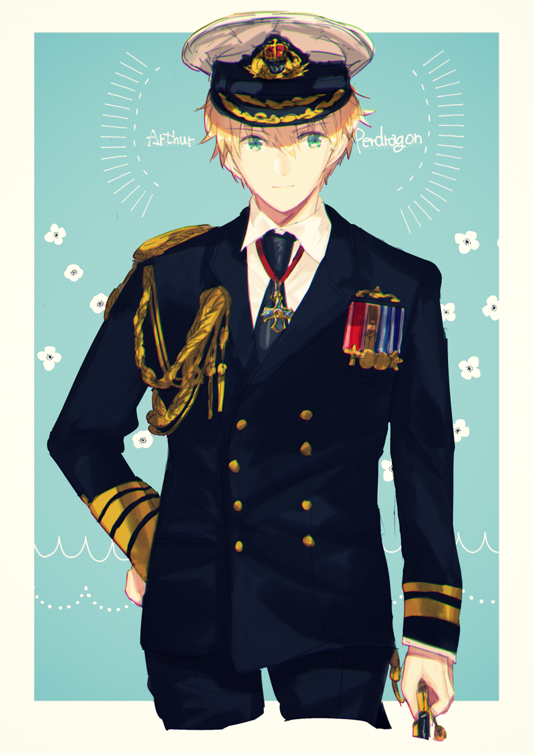 ebi (6 5), arthur pendragon (fate), fate/grand order, fate (series), highres, 1boy, aiguillette, black jacket, black necktie, black pants, blonde hair, blue background, border, buttons, character name, closed mouth, collared shirt, cowboy shot, cross, cross necklace, floral background, flower, green eyes, hair between eyes, hand on own hip, hat, holding, jacket, jewelry, long sleeves, looking at viewer, male focus, medal, military hat, military jacket, military uniform, necklace, necktie, notice lines, outside border, pants, shirt, short hair, smile, solo, standing, tassel, visor cap, waves, white border, white flower, white hat, white shirt