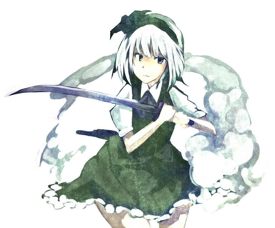 tami (nekoneto), konpaku youmu, konpaku youmu (ghost), touhou, silver hair, 1girl, bare legs, blue eyes, cowboy shot, dress, female focus, floating, ghost, green dress, hitodama, katana, looking at viewer, puffy short sleeves, puffy sleeves, serious, short hair, short sleeves, simple background, solo, sword, thighs, weapon, white background