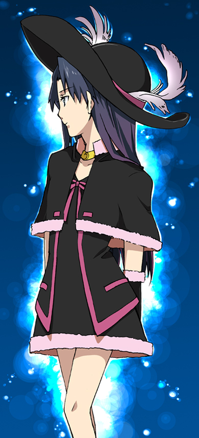 orito, kisaragi chihaya, idolmaster, idolmaster (classic), idolmaster 1, 00s, 1girl, black hair, blue eyes, cowboy shot, cute & girly (idolmaster), feathers, female focus, hat, long hair, long sleeves, looking to the side, no pants, solo, standing, thighs