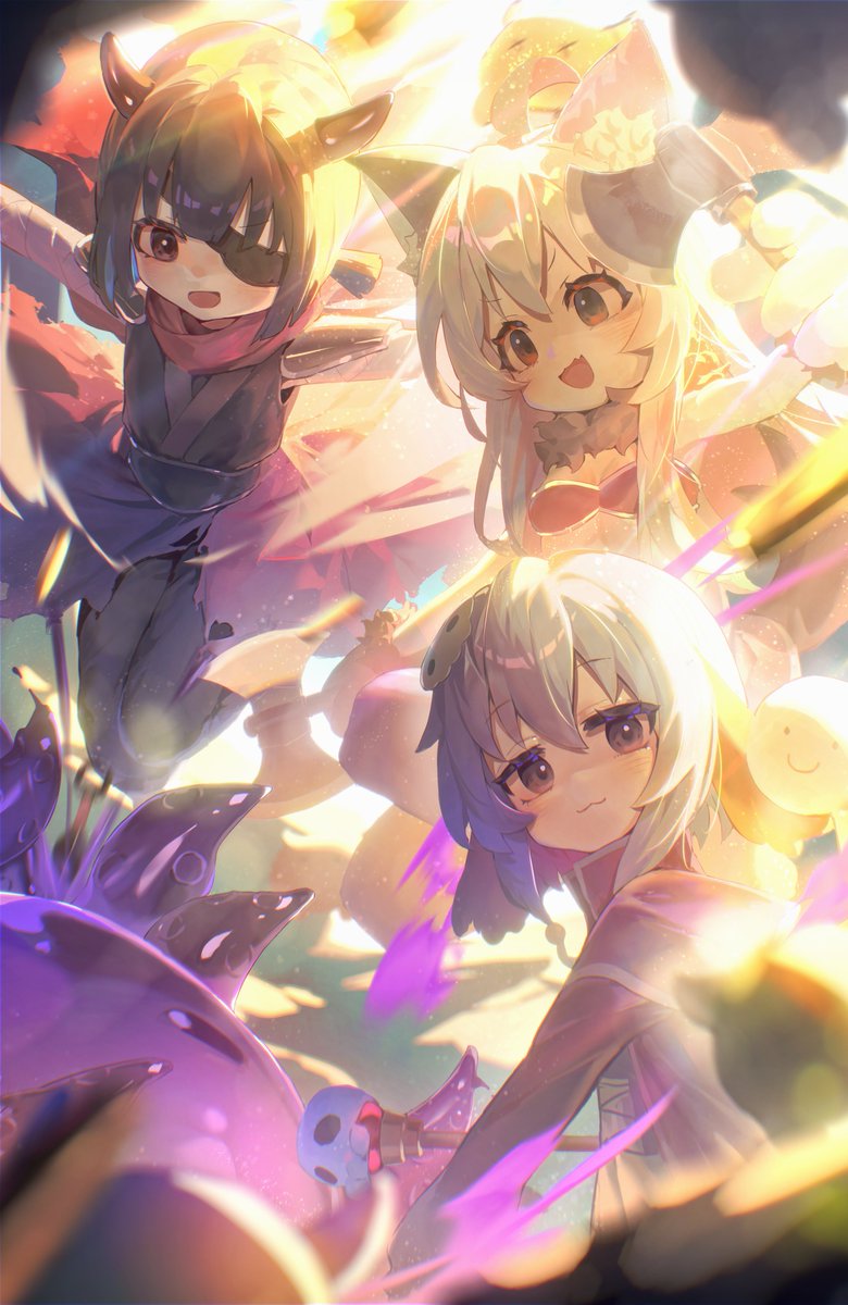 ap04astral, fujimi nemu, hozuki momiji, oyama mahiro, onii-chan wa oshimai!, commentary, highres, 3girls, :3, :d, ahoge, axe, backlighting, bandaged arm, bandages, black eyes, black hair, blue hair, brown eyes, colored inner hair, dual wielding, eyepatch, fang, hair between eyes, hair ornament, holding, horns, long hair, looking at viewer, multicolored hair, multiple girls, open mouth, ponytail, short hair, short ponytail, skin fang, skull hair ornament, skull staff, slime (creature), smile, staff, two-tone hair, white hair