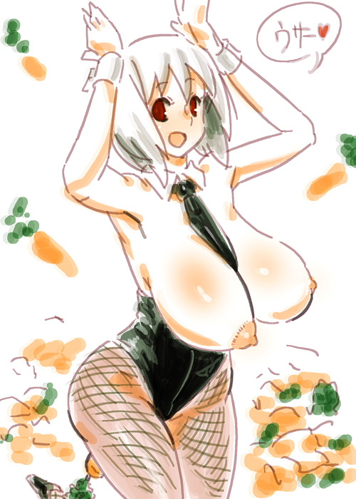 )(, kaqo, original, bad id, bad pixiv id, 1girl, breasts, breasts out, carrot, curvy, female focus, fishnet pantyhose, fishnets, huge breasts, large breasts, leotard, necktie, nipples, no bra, pantyhose, red eyes, short hair, solo, white hair, wrist cuffs