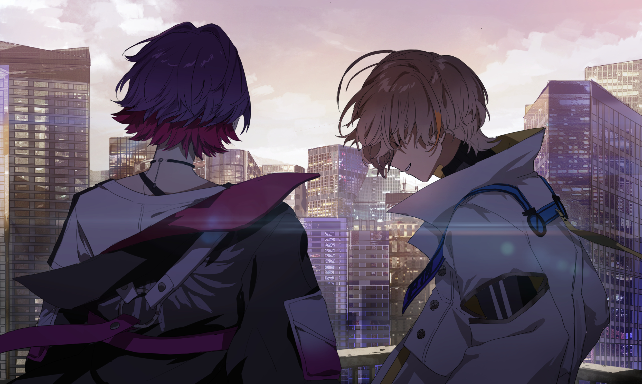 matsuhago, fura kanato, fura kanato (1st costume), watarai hibari, watarai hibari (1st costume), nijisanji, hashtag-only commentary, highres, 2boys, black jacket, brown hair, cityscape, coat, colored inner hair, from behind, jacket, male focus, multicolored hair, multiple boys, outdoors, purple hair, shirt, short hair, sky, smile, two-tone hair, upper body, virtual youtuber, white coat, white shirt