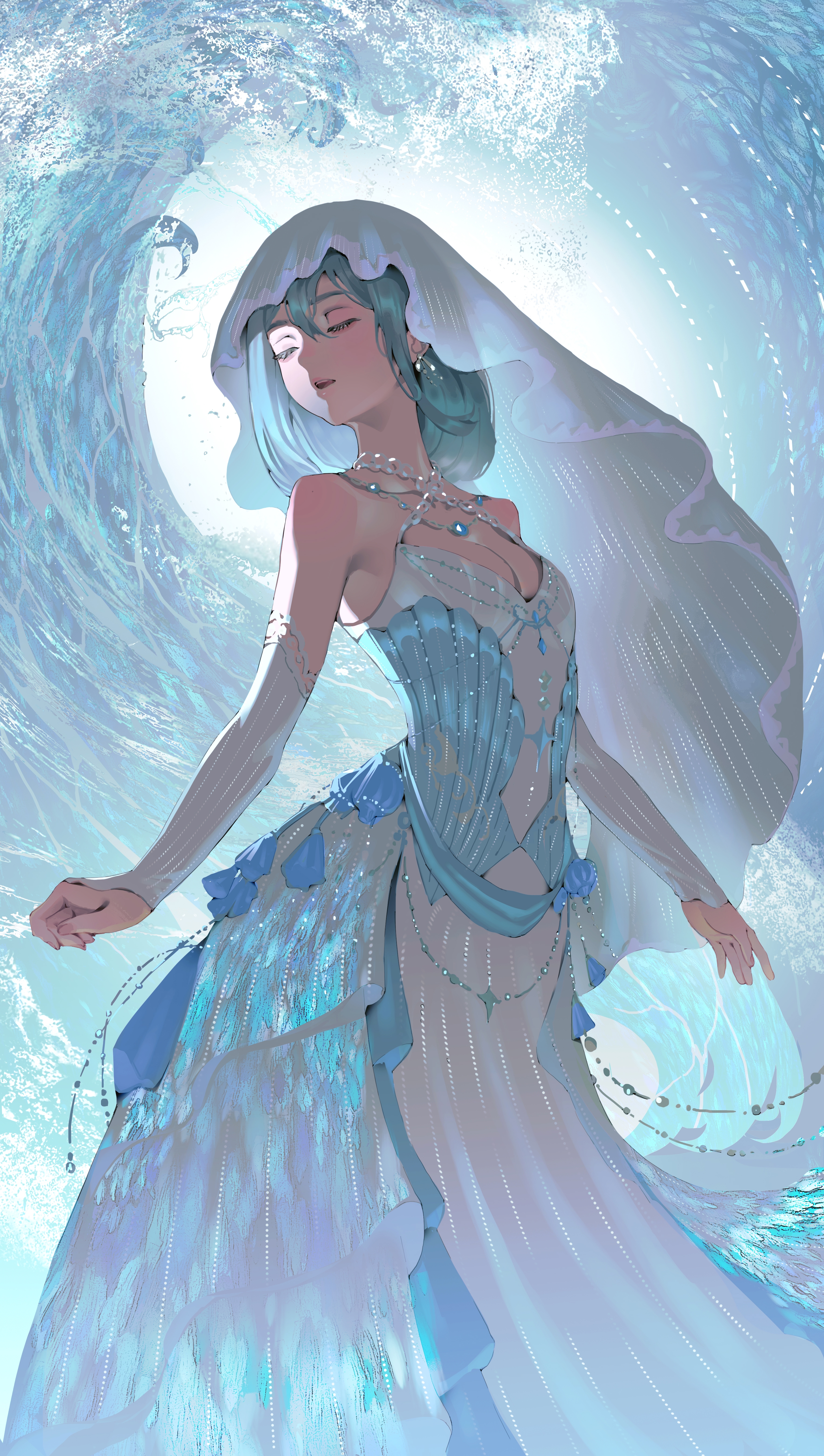 daughter of the lake (infinity nikki), infinity nikki, nikki (series), absurdres, chinese commentary, commentary request, commission, highres, second-party source, 1girl, aqua hair, bare shoulders, beads, blue dress, breasts, caballero58, cleavage, closed eyes, dress, earrings, expressionless, feet out of frame, frilled arm warmers, hair between eyes, jewelry, layered dress, long dress, medium hair, necklace, open mouth, see-through clothes, see-through veil, sleeveless, sleeveless dress, small breasts, solo, spaghetti strap, standing, veil, watermark, waves, white arm warmers, white dress, white veil